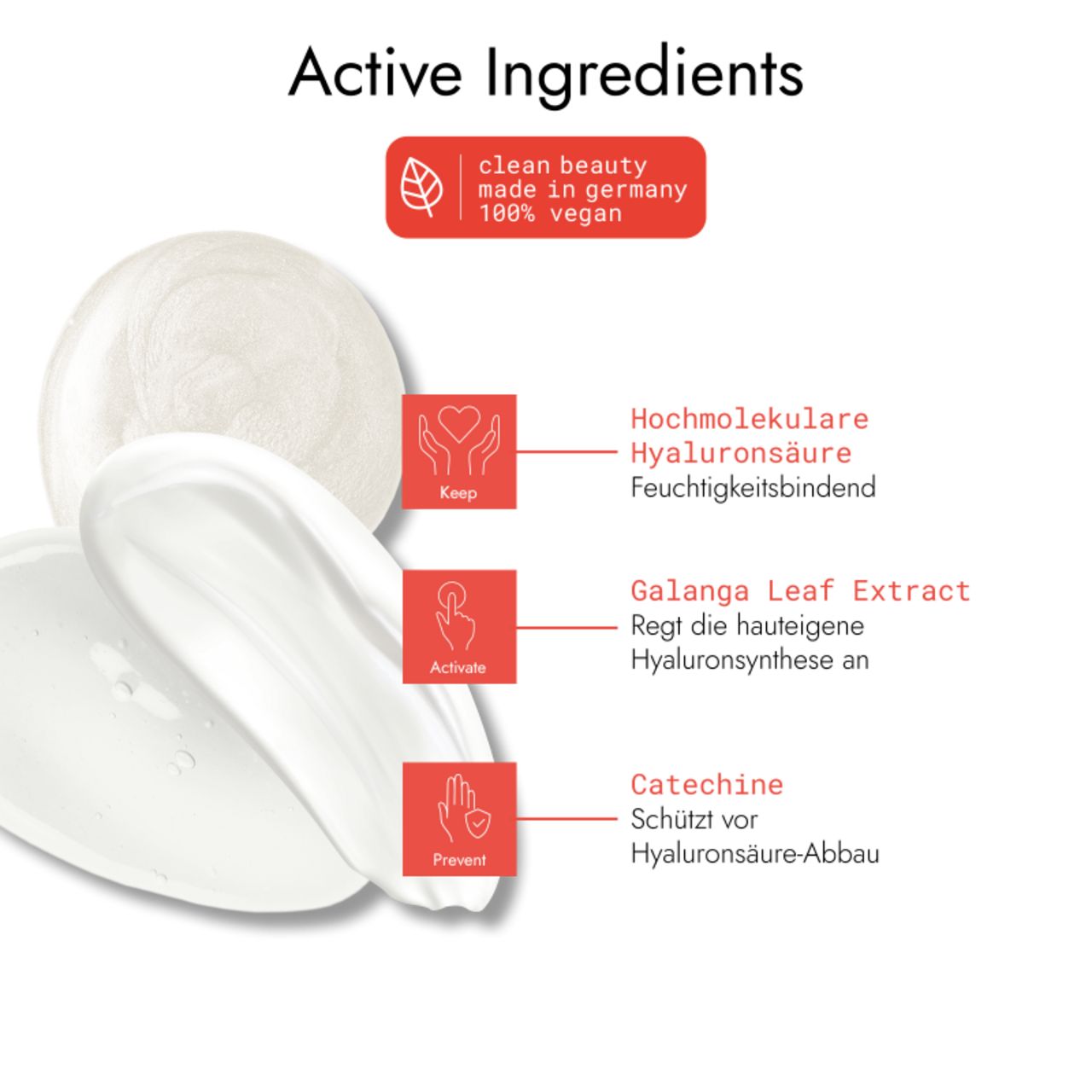 Grafik mit Inhaltsstoffen: Hochmolekulare Hyaluronsäure, Galanga-Blattextrakt, Catechin. Siegel: clean beauty, made in Germany, 100% vegan.