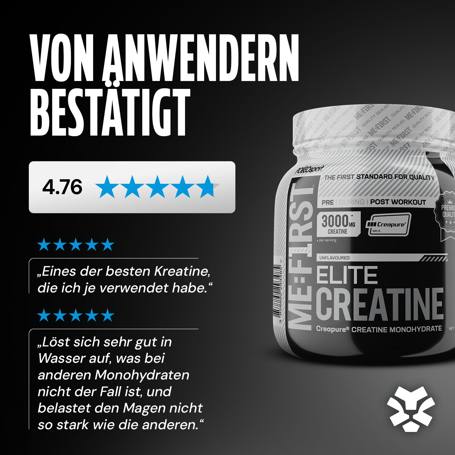 Dose Polleo Elite Creatine. Text: Von Anwendern bestätigt, 4.76 Sterne Bewertung. Zitat: Eines der besten Creatine, die ich je verwendet habe.
