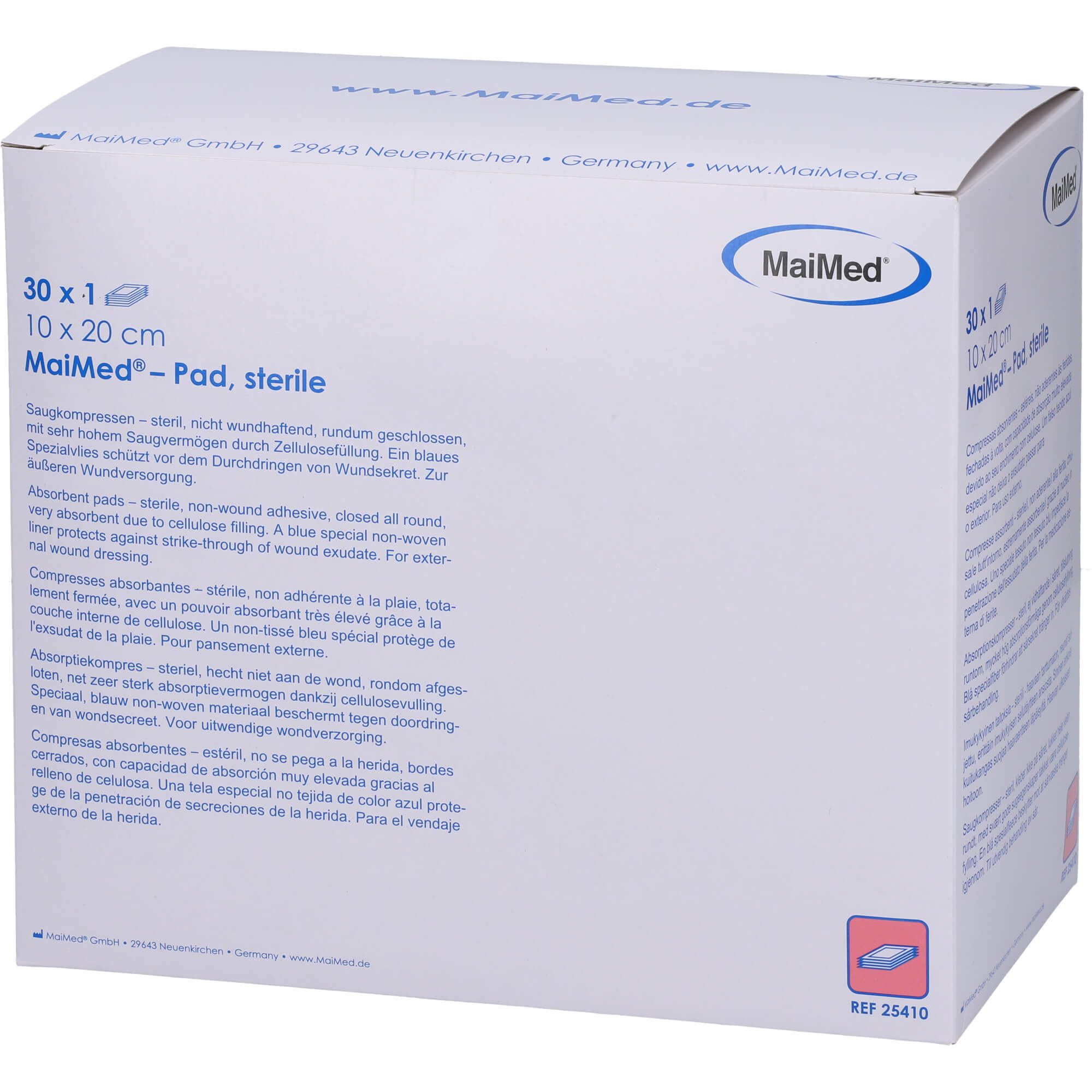 Verpackung MaiMed Pad Saugkompressen steril. 10 x 20 cm. Produktinformationen auf der Verpackung.