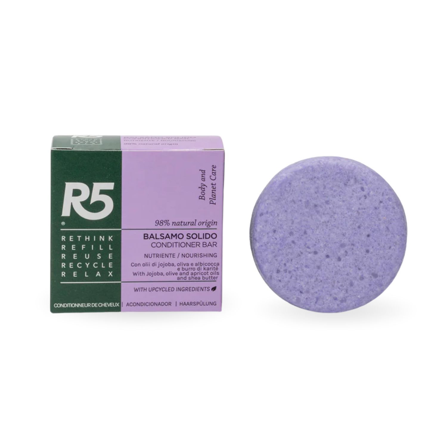Runder, lila Festbalsam und Verpackung. Text: R5, Balsamo Solido Capelli, 98% natürlich. Mit upgecycelten Inhaltsstoffen.