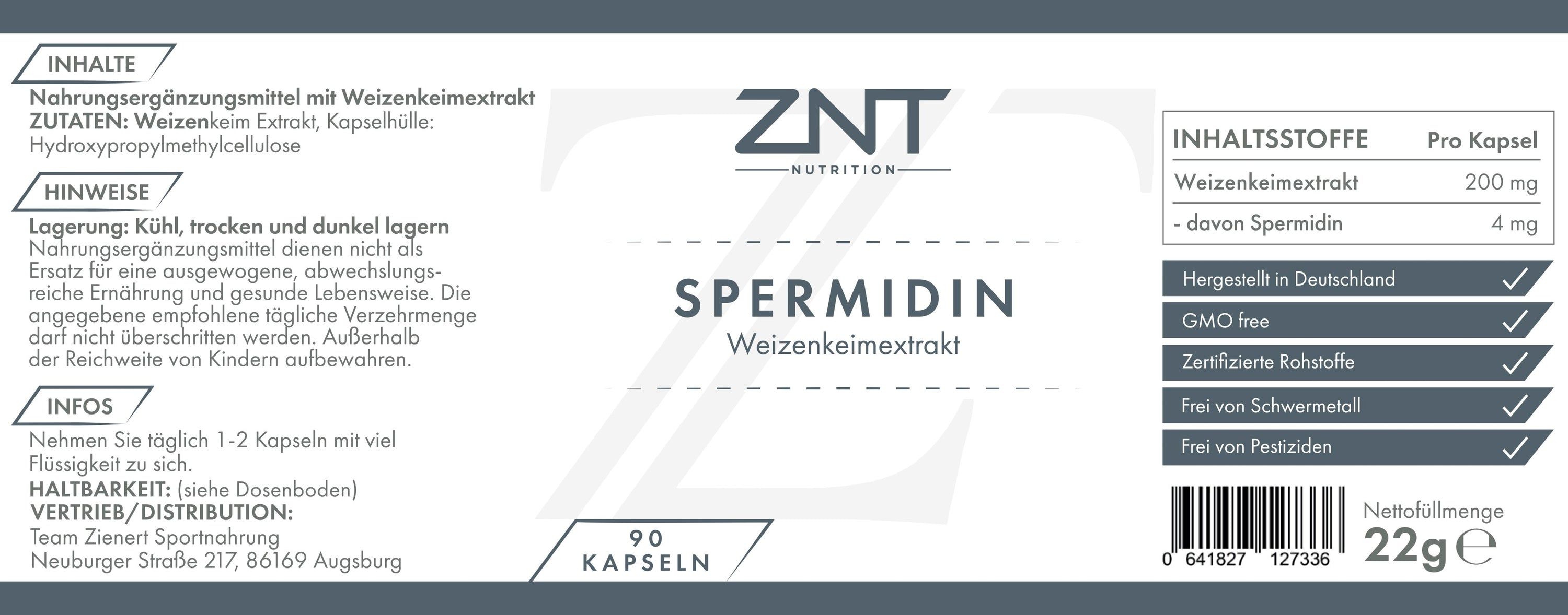 Etikett mit Informationen zu ZNT Nutrition Spermidin. Enthält Angaben zu Inhaltsstoffen, Nährwerten und Herkunft.