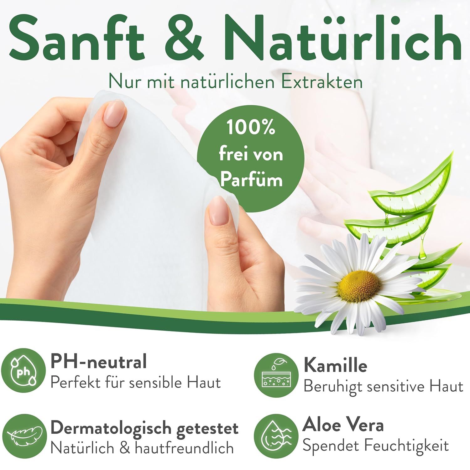 Hände halten weißes Feuchttuch. Text: Sanft & Natürlich, 100% frei von Parfum, pH-neutral, dermatologisch getestet, Kamille, Aloe Vera.