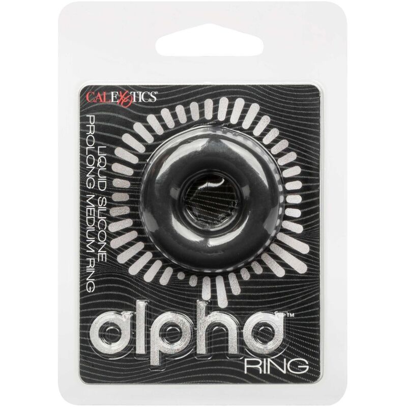 Verpackung mit schwarzem Ring. Marke: CalExotics. Text: Alpha Ring, Prolong Medium Ring.