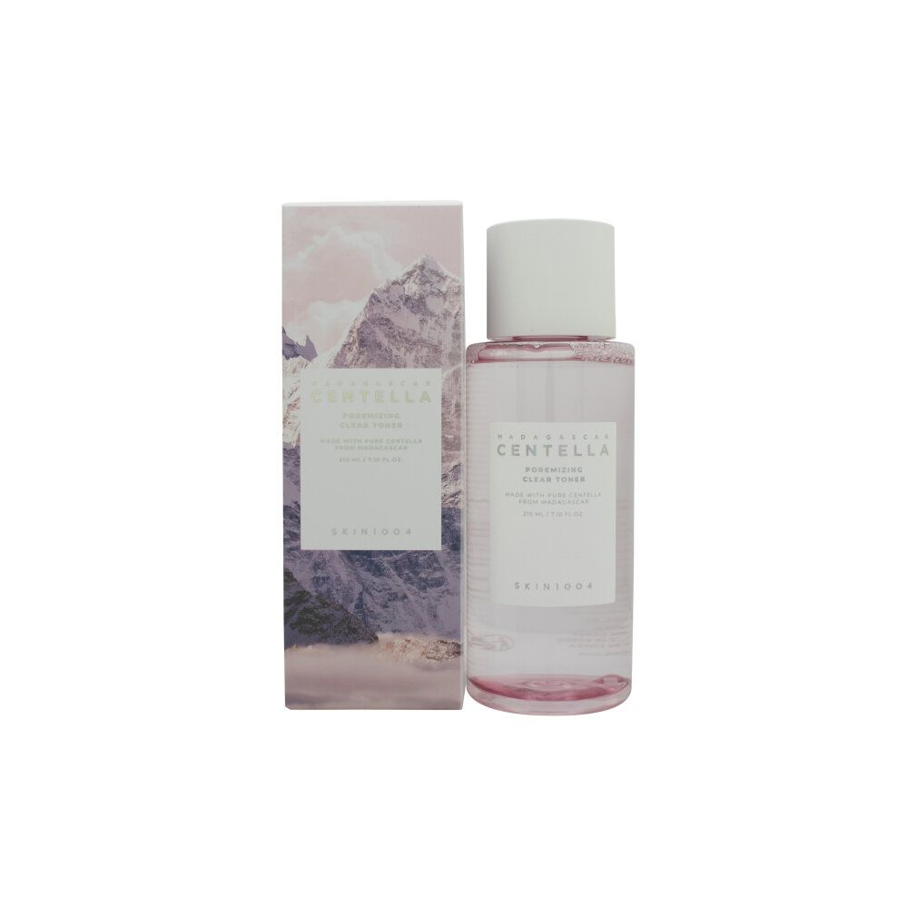 Flasche und Schachtel mit rosa Flüssigkeit. Text: Madagascar Centella Poremizing Clear Toner.