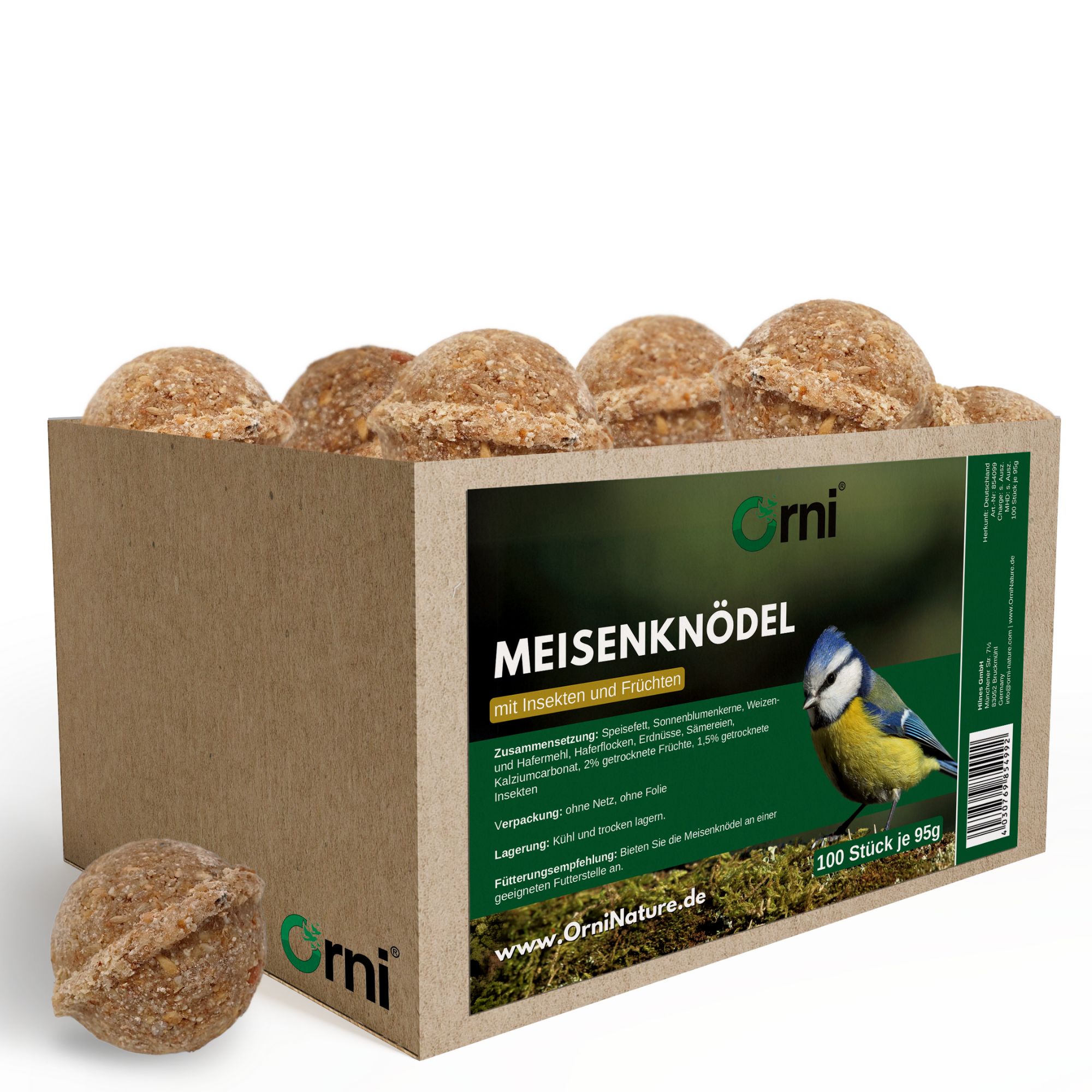 Karton mit Meisenknödeln. Aufdruck: Orni, Meisenknödel mit Insekten und Früchten. 100 Stück je 95g.