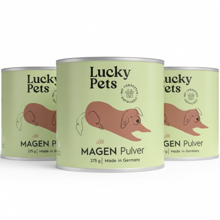 Drei Dosen Lucky Pets Magen Pulver. Aufschrift: Magen Pulver, 275 g, Made in Germany. Mit tierärztlicher Entwicklung.