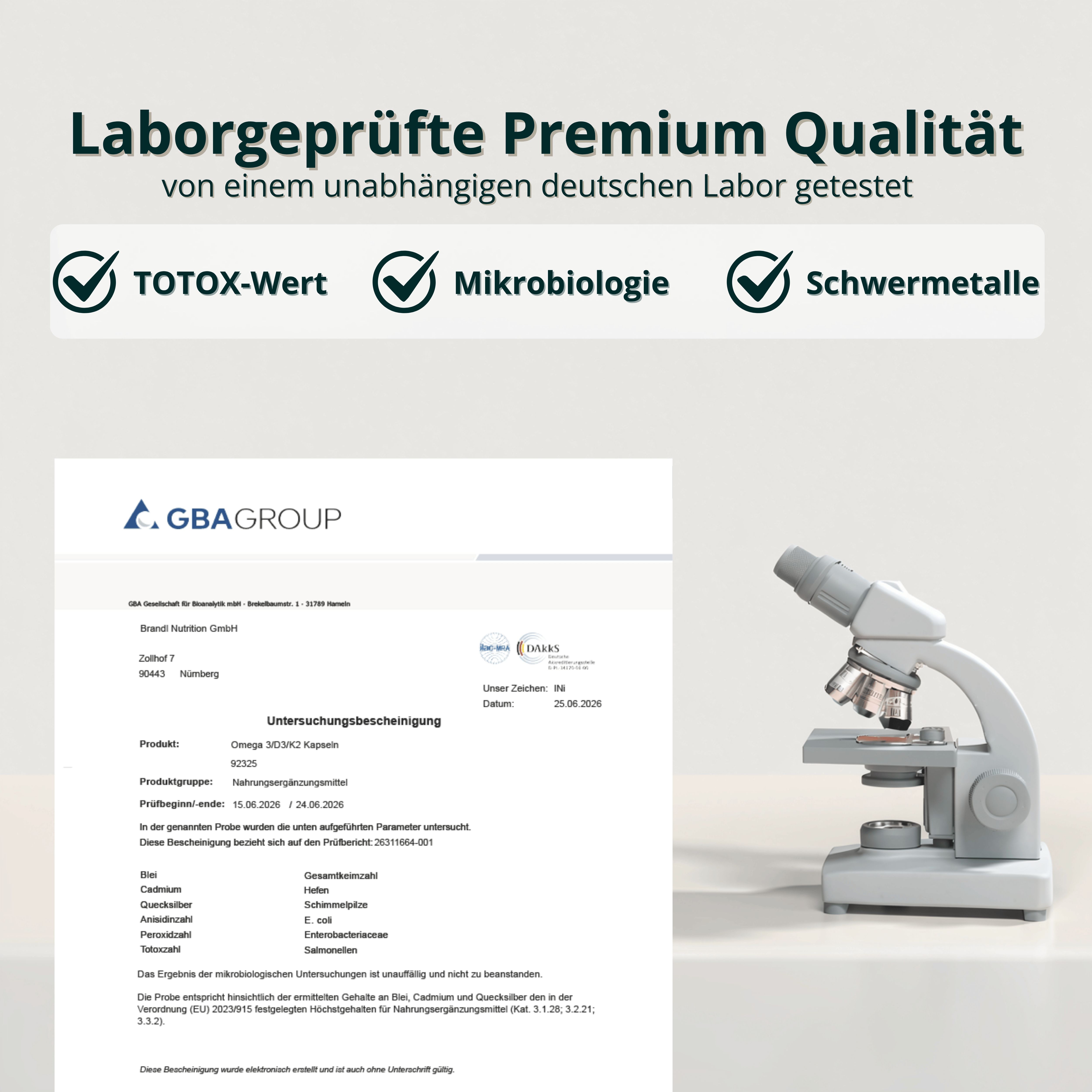 Laborbericht und Mikroskop neben GBA GROUP Logo für Produktqualität.