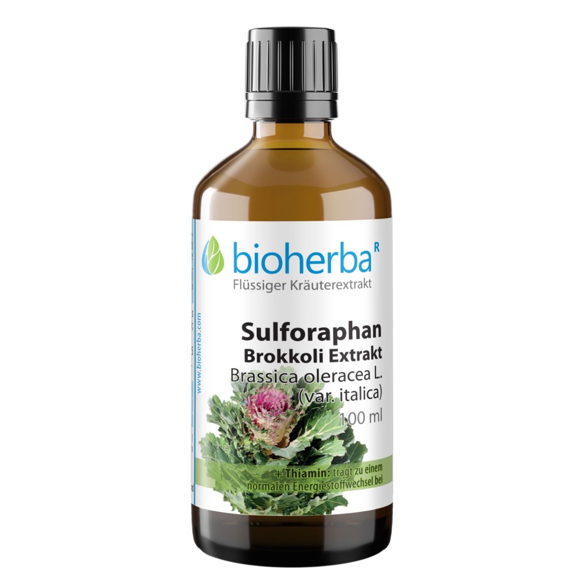 Braune Glasflasche mit schwarzem Deckel. Etikett mit Produktname, Marke Bioherba und Brokkoli-Abbildung.