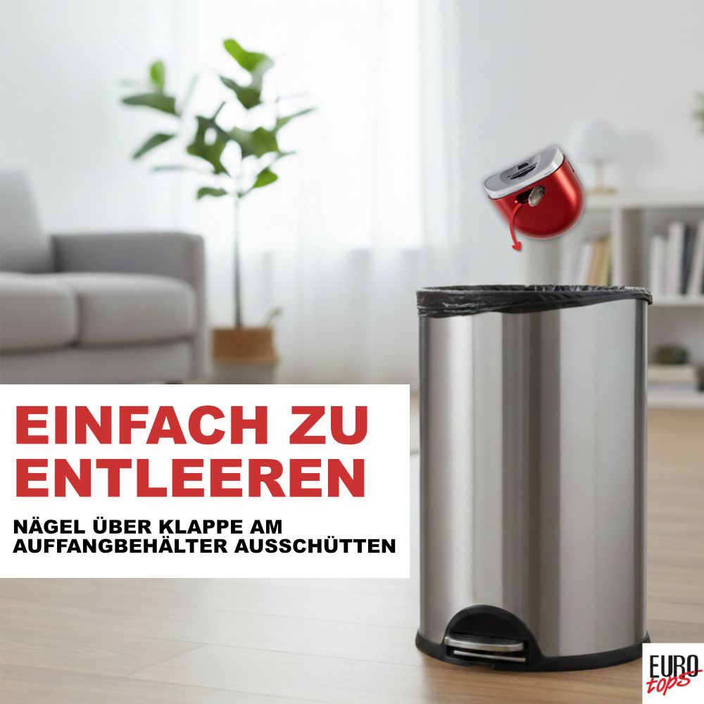 Entleeren des Nagelschneiders in einen Mülleimer. Einfache Entleerung über Klappe.