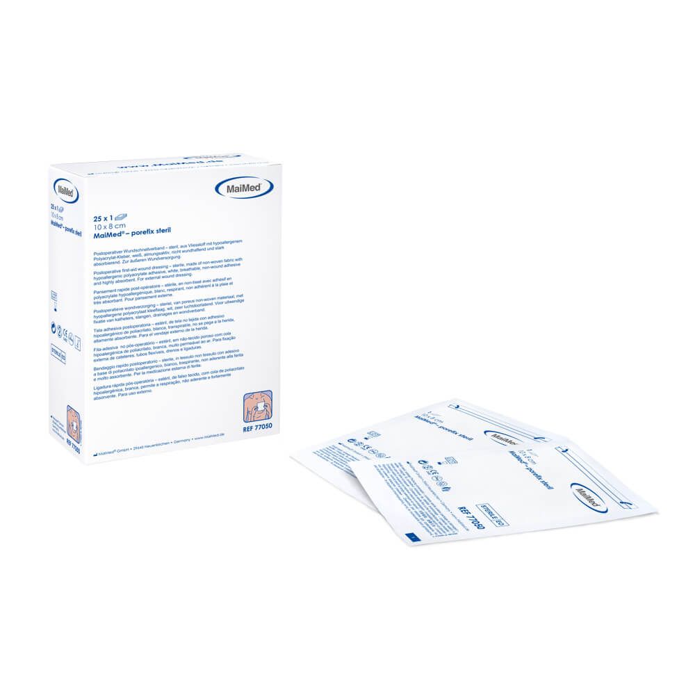 Verpackung und einzelne Wundschnellverbände. Die Verpackung zeigt Produktinformationen. Einzelne Verbände liegen daneben.