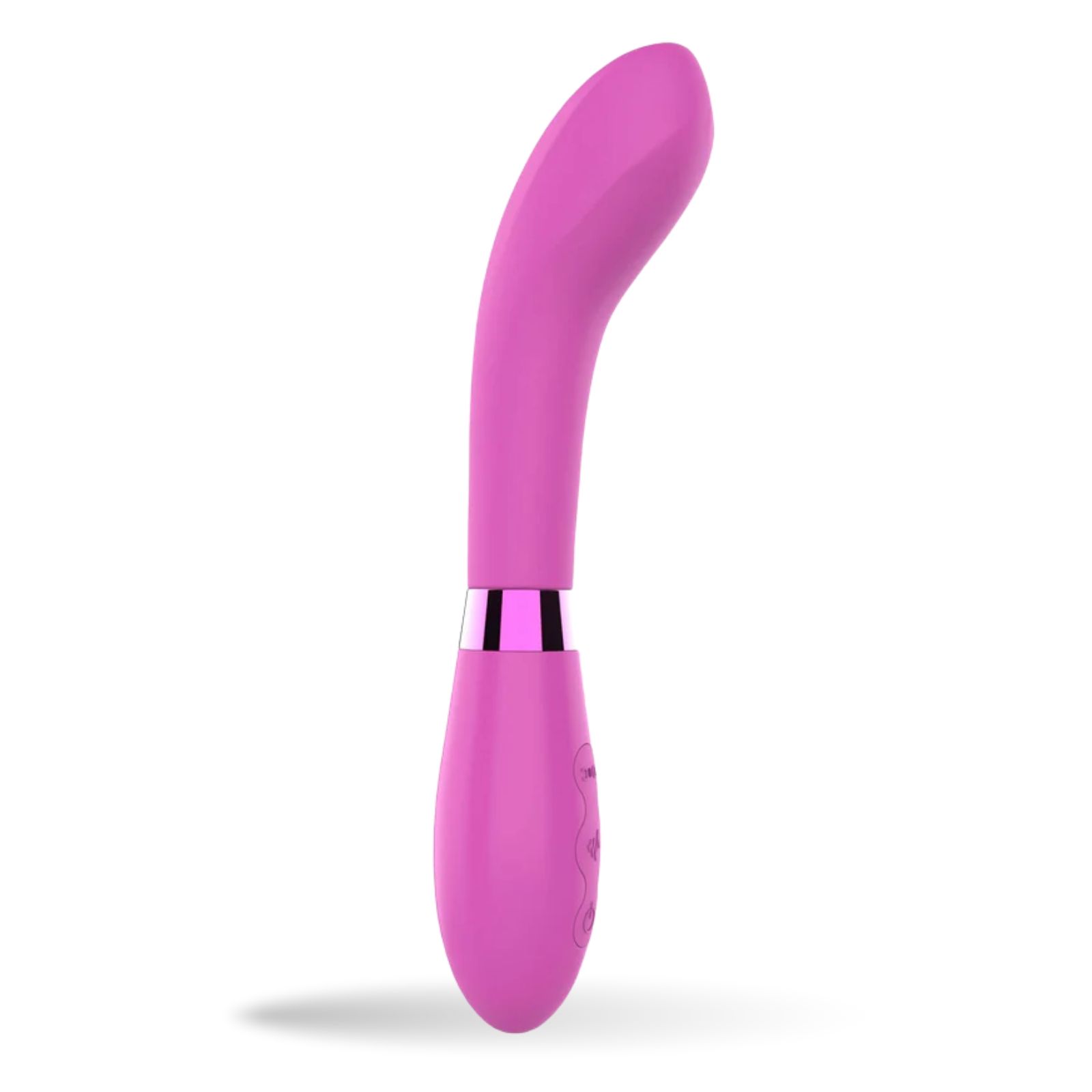 Rosa Vibrator. Gebogene Form mit abgerundeter Spitze. Metallring am Übergang. Drei Knöpfe an der Basis.