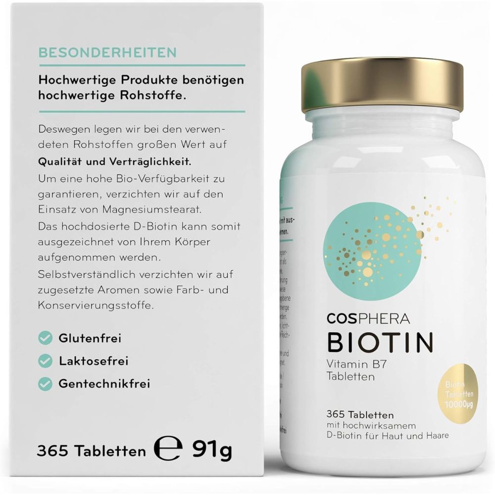Weiße Flasche mit goldfarbenem Deckel. Aufschrift: Cosphera Biotin Vitamin B7 Tabletten. Daneben eine weiße Schachtel mit Text und Logos.