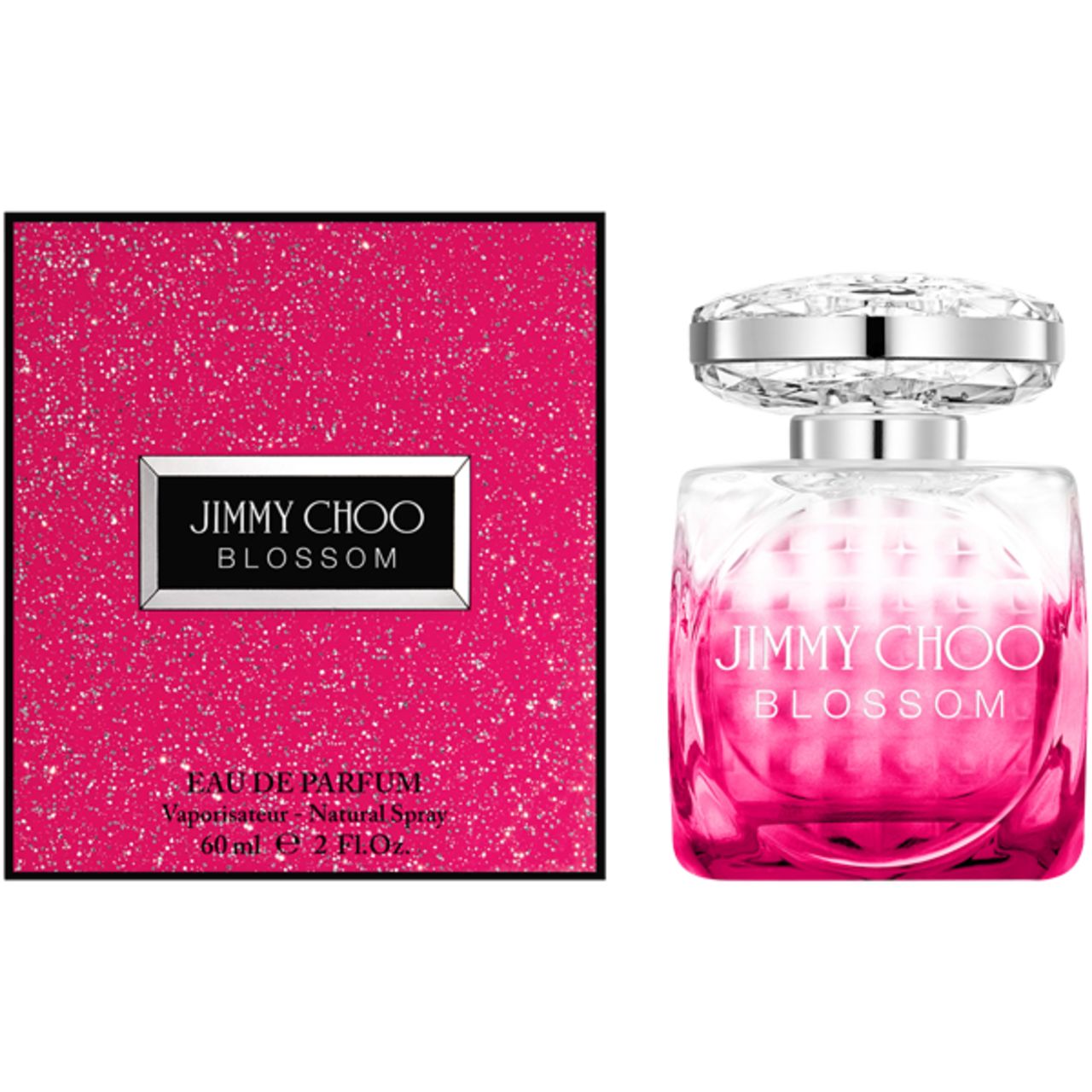 Rosa Flakon mit silbernem Deckel und rosa Verpackung. Aufschrift: JIMMY CHOO BLOSSOM. Verpackung mit Glitzer-Effekt.