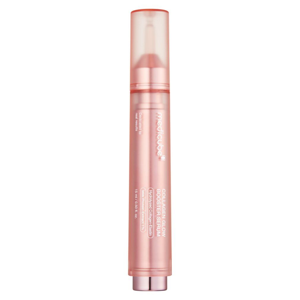 Rosa Serum-Applikator mit silbernem Detail und durchsichtigem Deckel. "Collagen Glow Booster Serum" beschriftet.