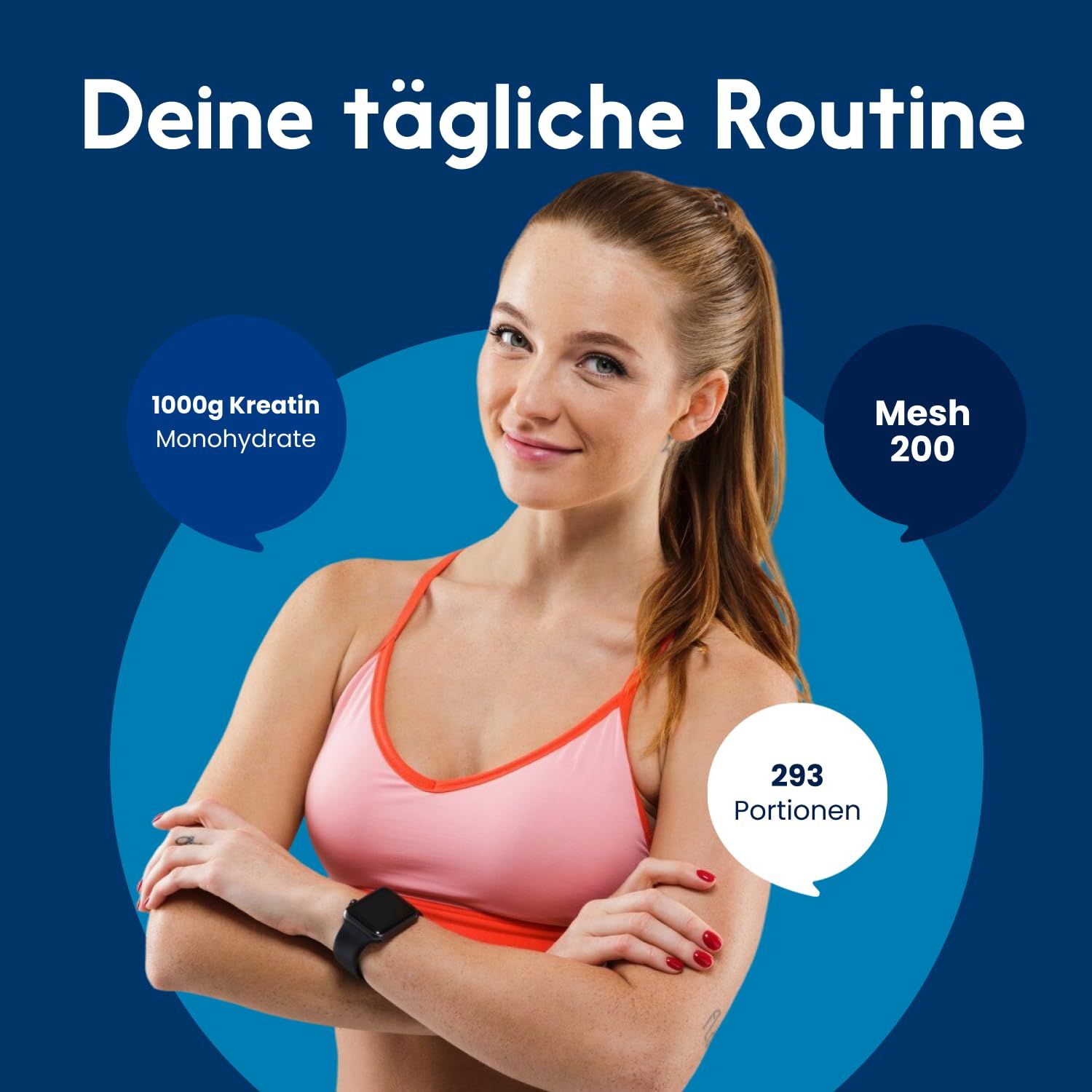 Frau mit Texten: 1000g Kreatin Monohydrat, Mesh 200, 293 Portionen.