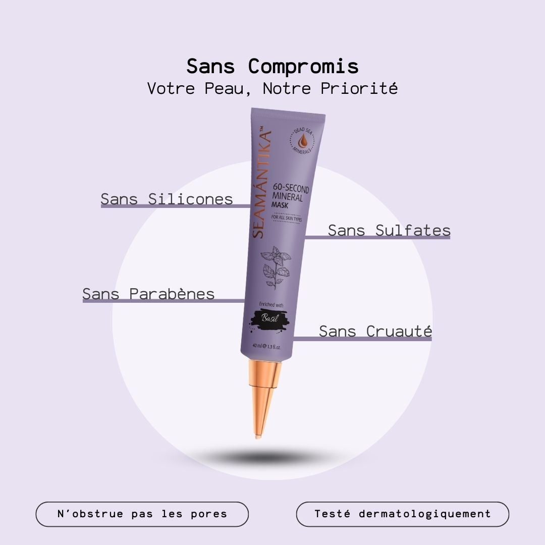 Tube de masque minéral violet. Texte : SEAMANTIKA, 60-Second Mineral Mask, Basilic. Sans compromis.