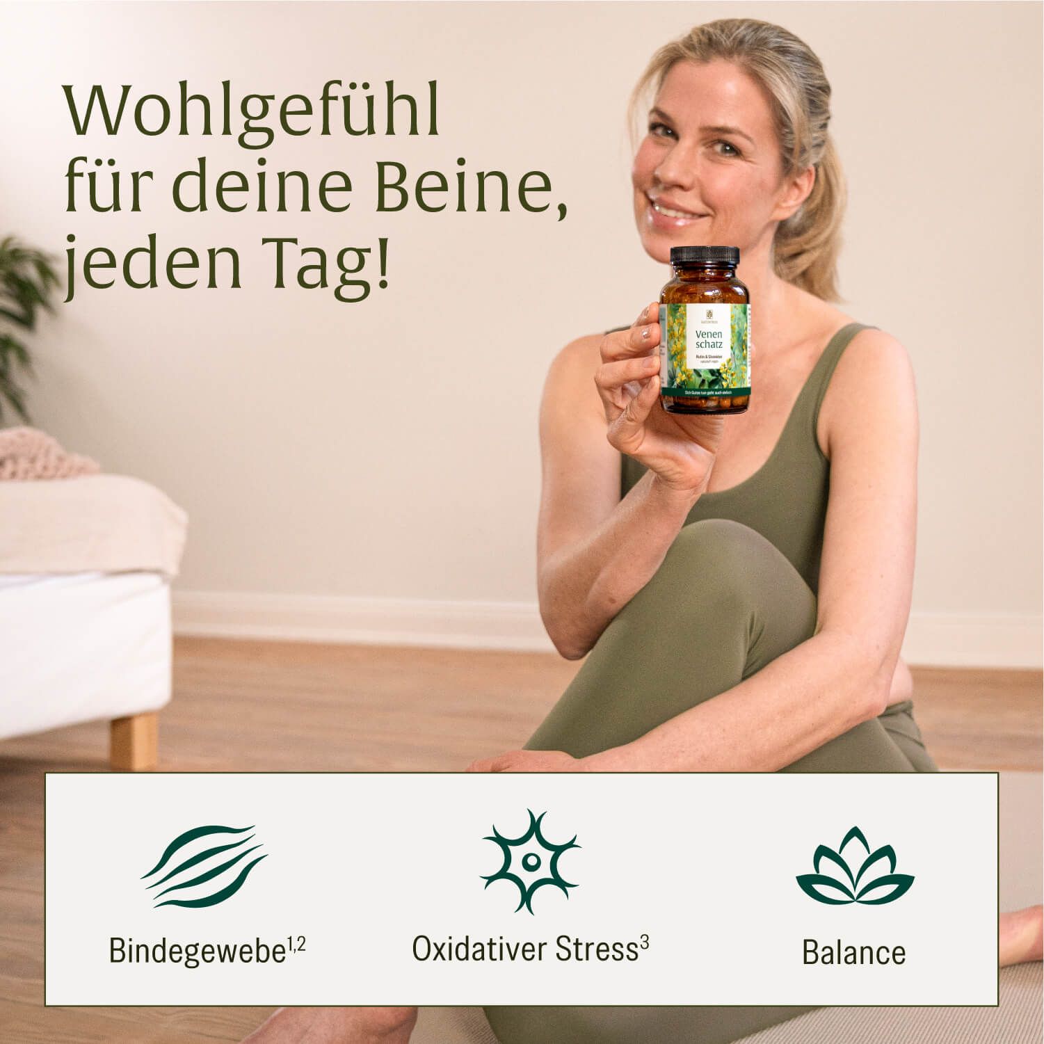 Frau hält NATURTREU Venen schatz Dose, mit Symbolen für Bindegewebe, oxidativen Stress und Balance.