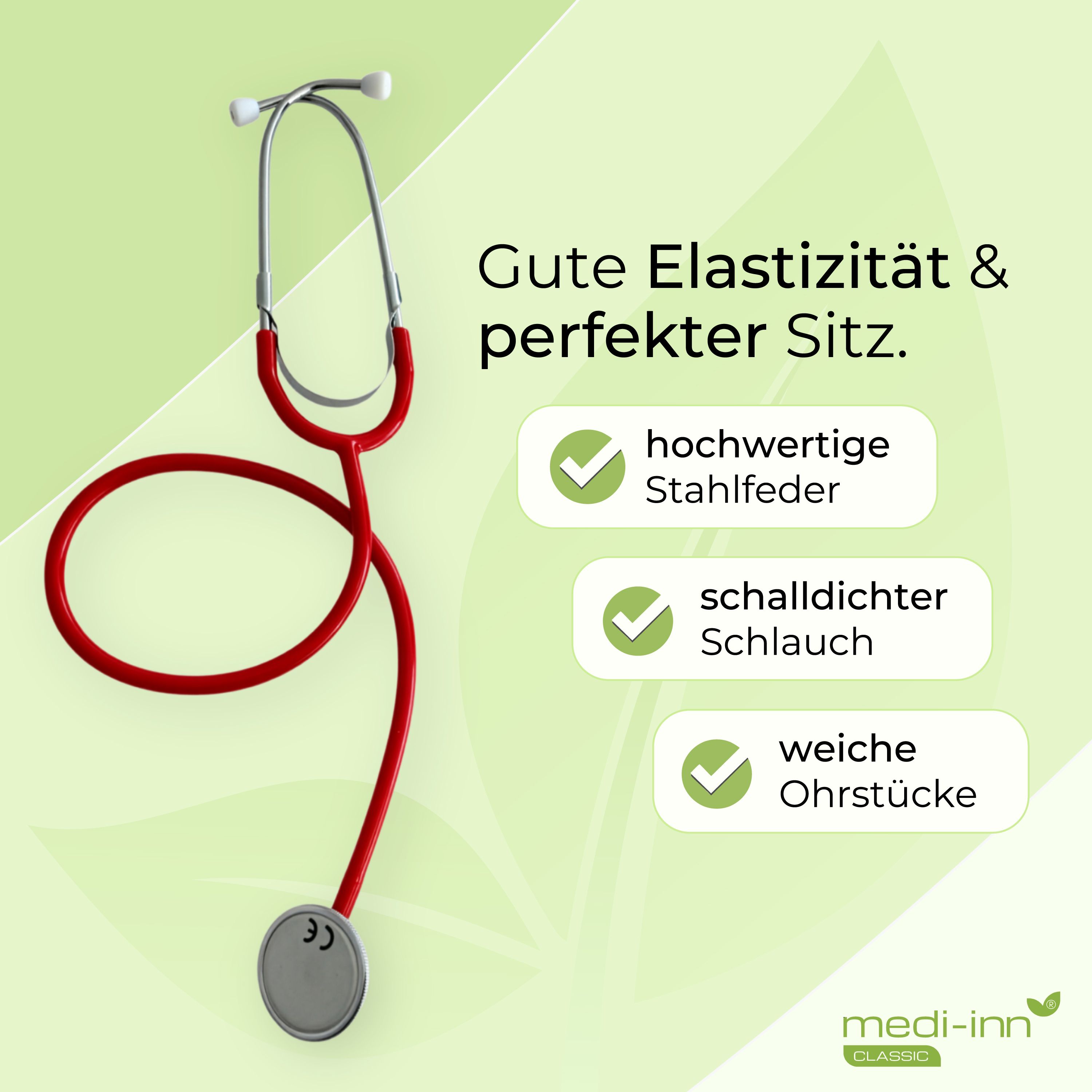 Rotes Stethoskop mit hochwertiger Stahlfeder, schallidichtem Schlauch und weichen Ohrstücken.