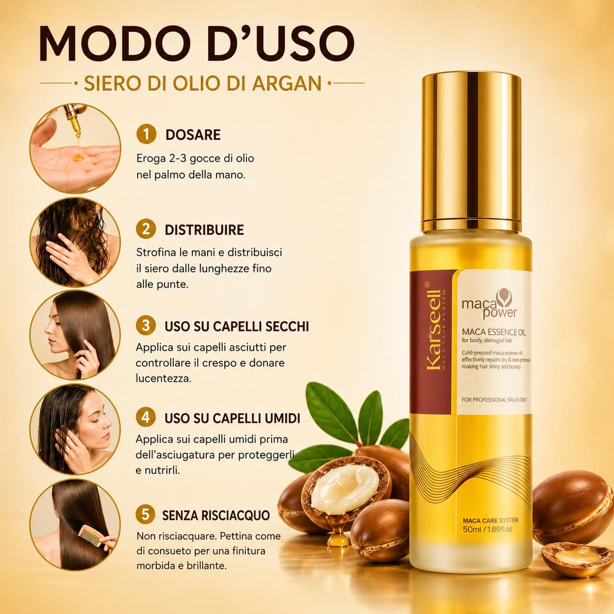 Flasche mit goldenem Verschluss, die Maca Power Haar-Essenz enthält. Daneben Arganfrüchte.