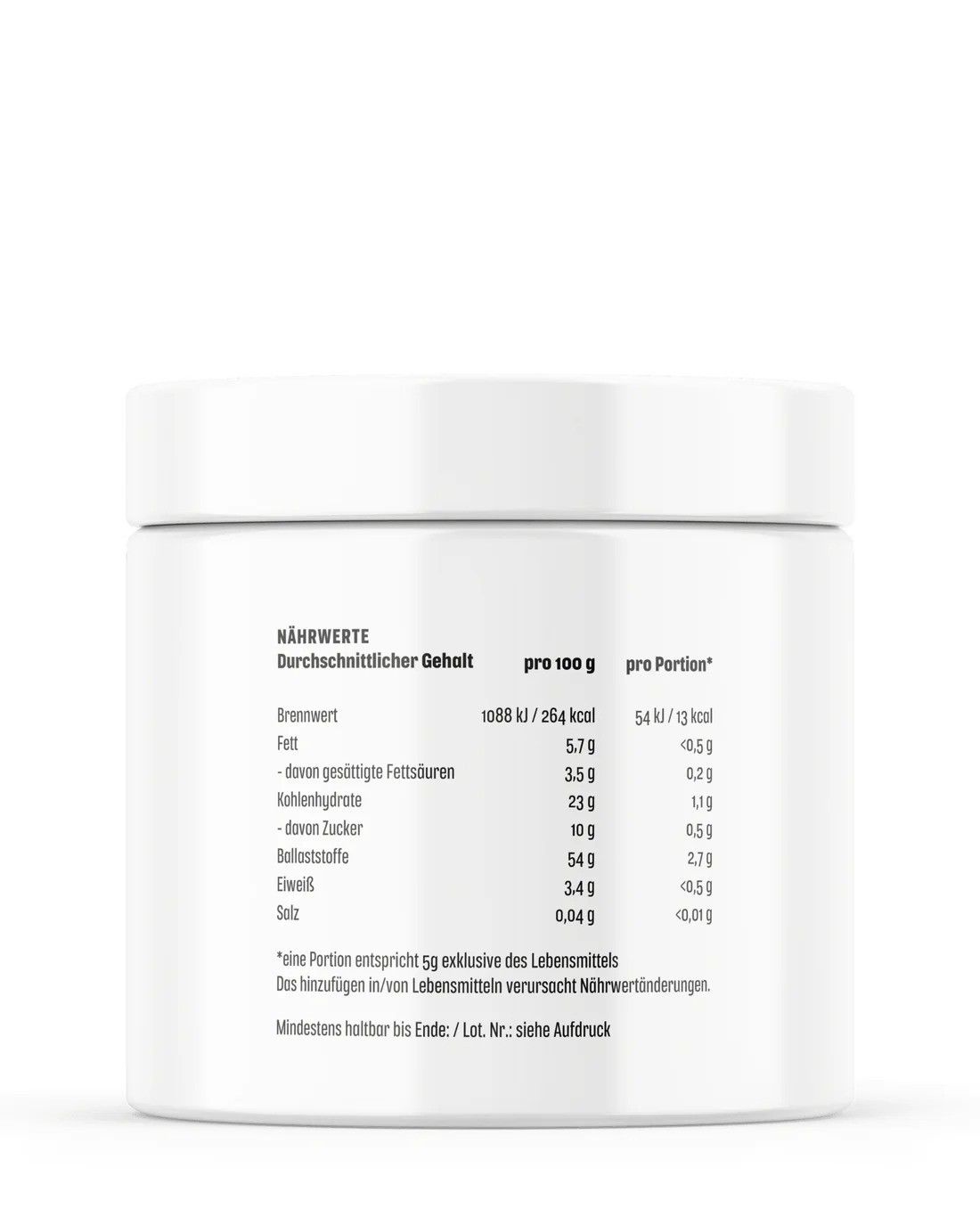 Weißes Behältnis mit Nährwertangaben. Text: Brennwert, Fett, Kohlenhydrate, Eiweiß, Salz. Pro 100g und pro Portion.