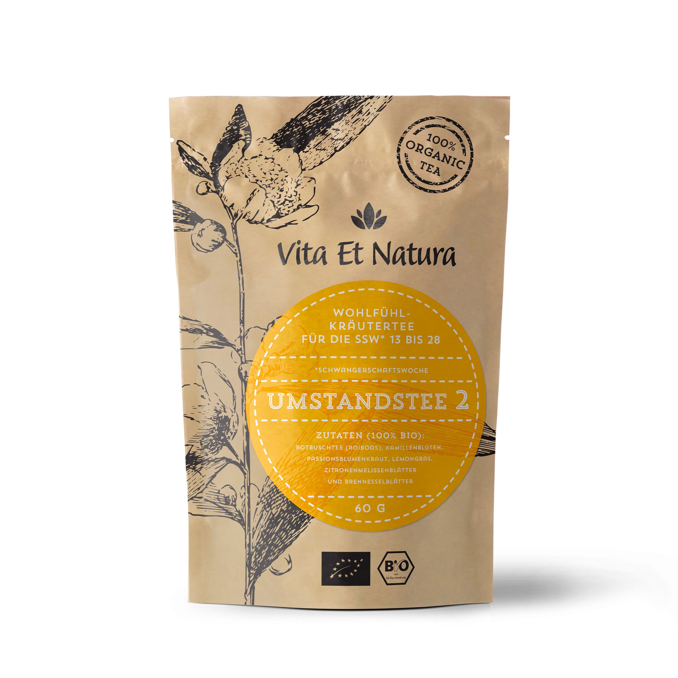 Beutel Umstandstee 2, braun, mit gelbem Kreis. Aufdrucke: Vita Et Natura, 100% Bio, Umstandstee 2, 60g, Bio-Siegel.