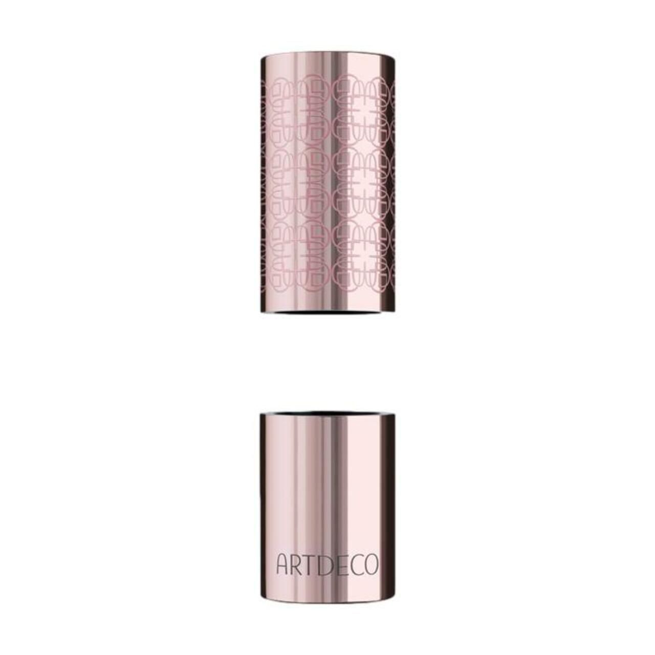 Zwei Teile des Couture-Lippenstiftetuis von Artdeco. Zylindrisch, roséfarben, mit Muster und Schriftzug.