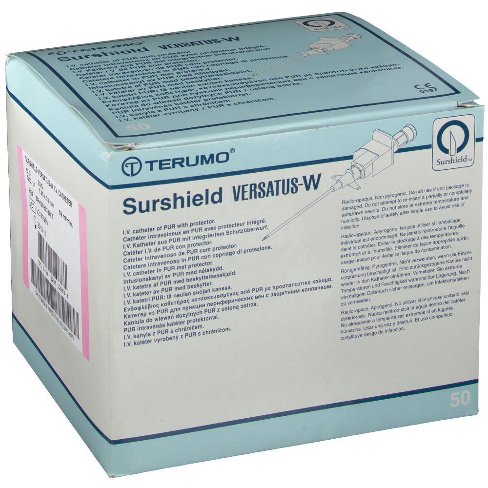 Karton von TERUMO® Surshield Versatus-W. Aufdrucke: Produktname, Logo, Text, Barcode. Hellblauer Hintergrund. 50 Stück.