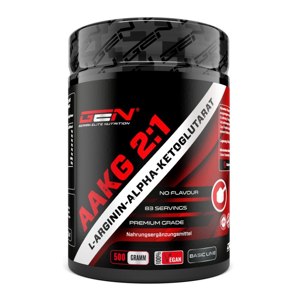 Schwarze Dose mit roter und weißer Beschriftung. Aufschrift: AAKG 2:1, L-Arginin-Alpha-Ketoglutarat. 500 Gramm, 83 Portionen.