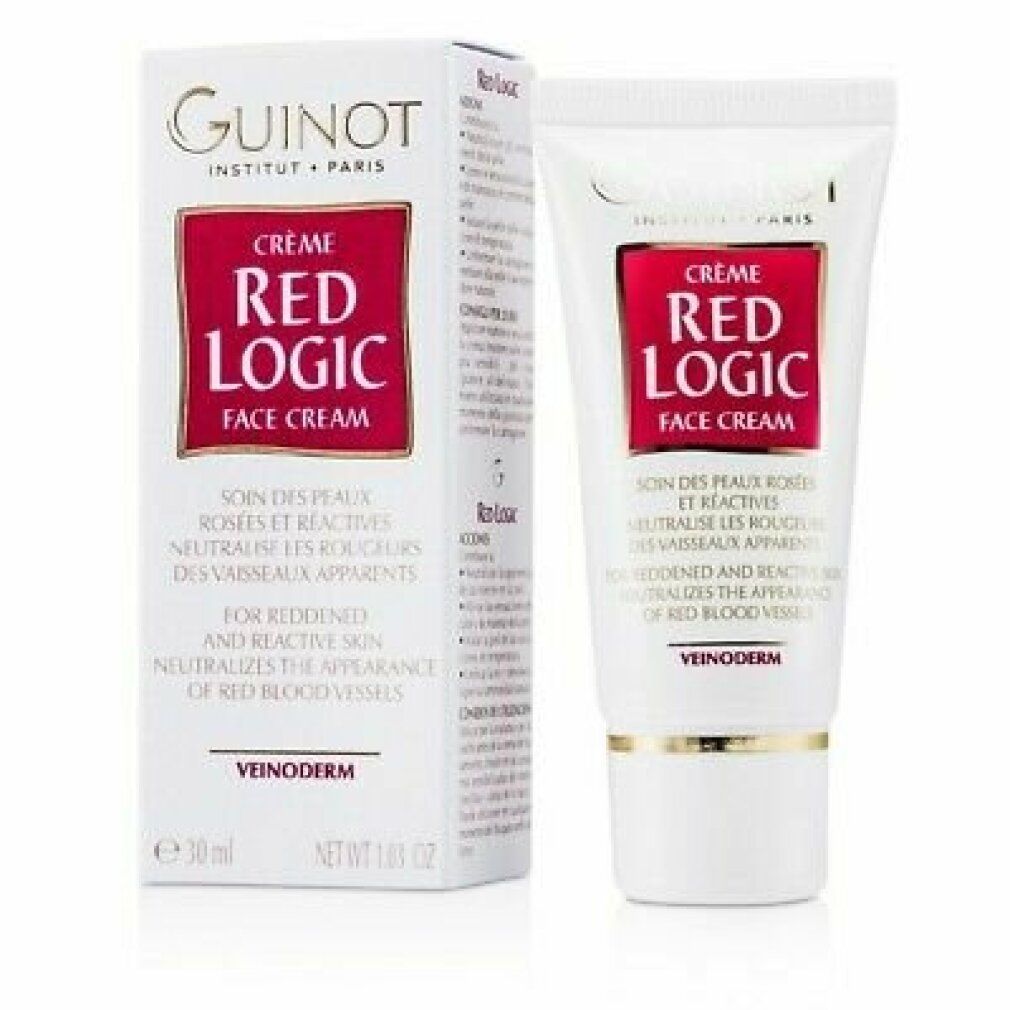 Verpackung und Tube Creme Red Logic. Text: Creme Correctrice, Anti-Rougeurs, Peaux Rosées et Réactives. Marke: Guinot. Größe: 30 ml.