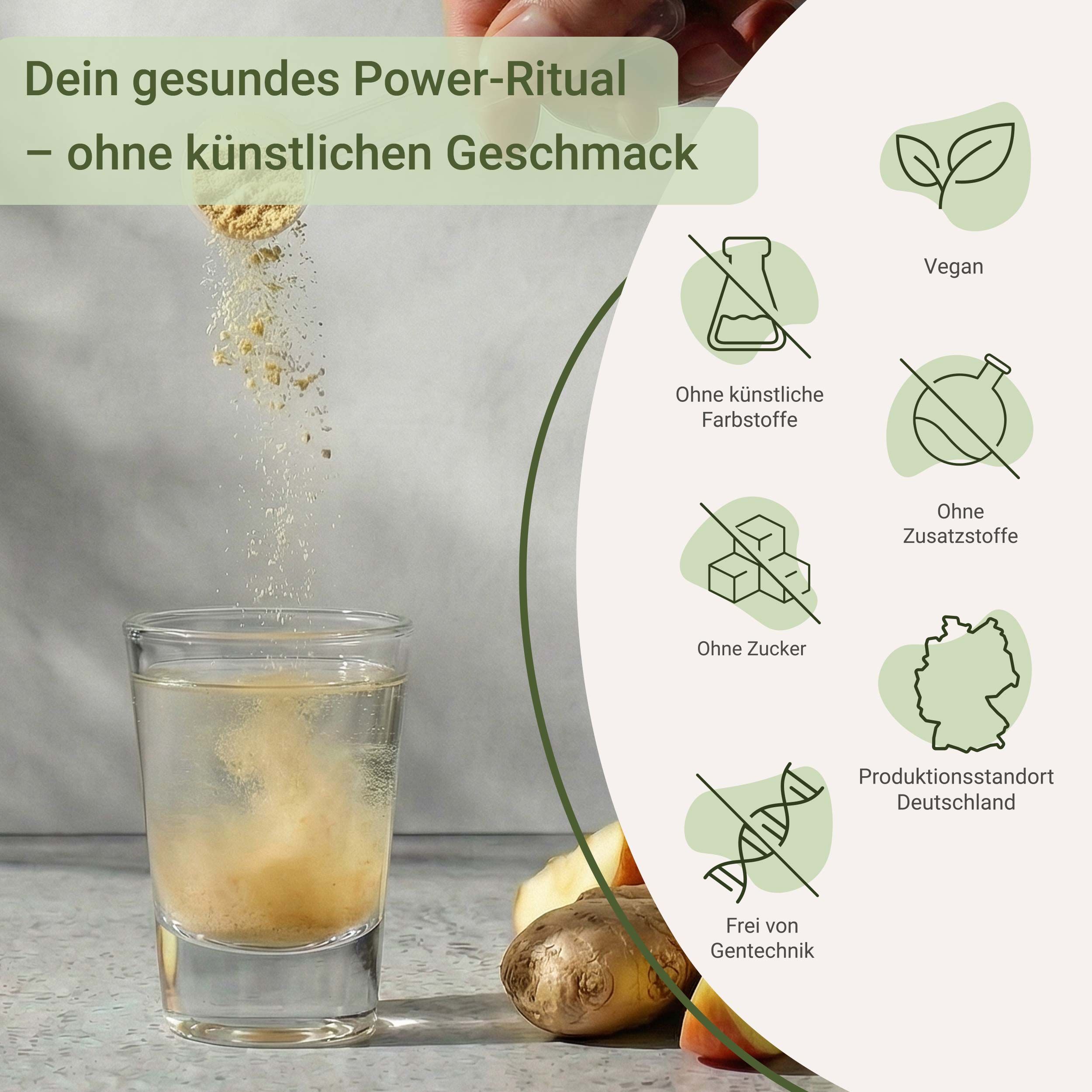 Dose Apfelessig Ingwer Shot Pulver mit Anhänger 'Gesunder Energiekick'.