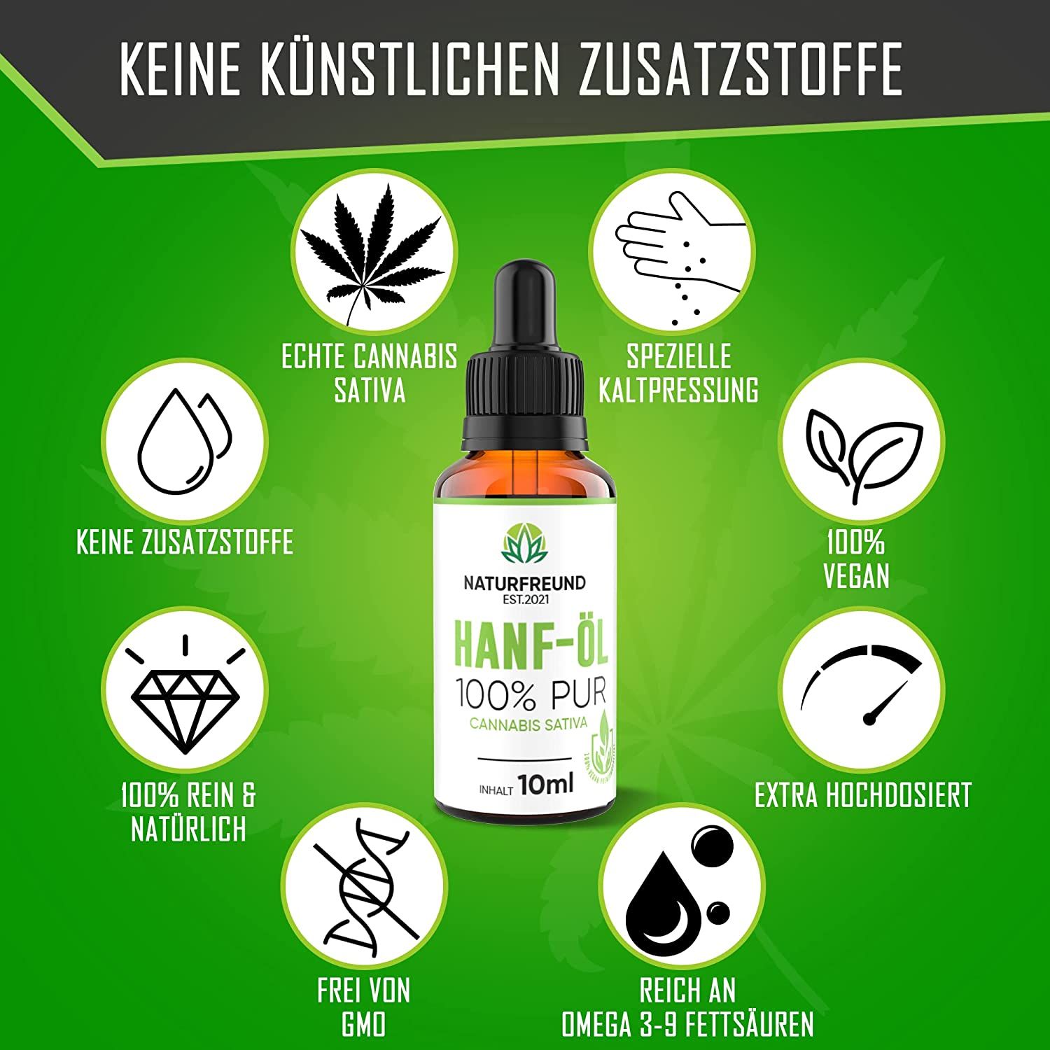 Braune Glasflasche mit Pipette. Etikett mit Logo, Schriftzug HANF-ÖL 100% PUR, Cannabis Sativa und 10ml. Text: KEINE KÜNSTLICHEN ZUSATZSTOFFE.