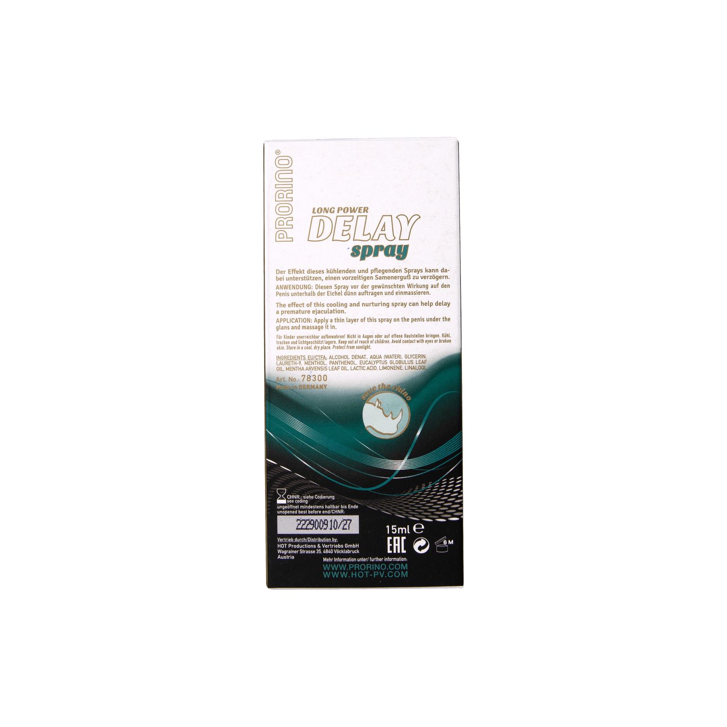 Rückseite der Verpackung von Long Power Delay Spray. Text und Logos. 15ml, EAN-Code.