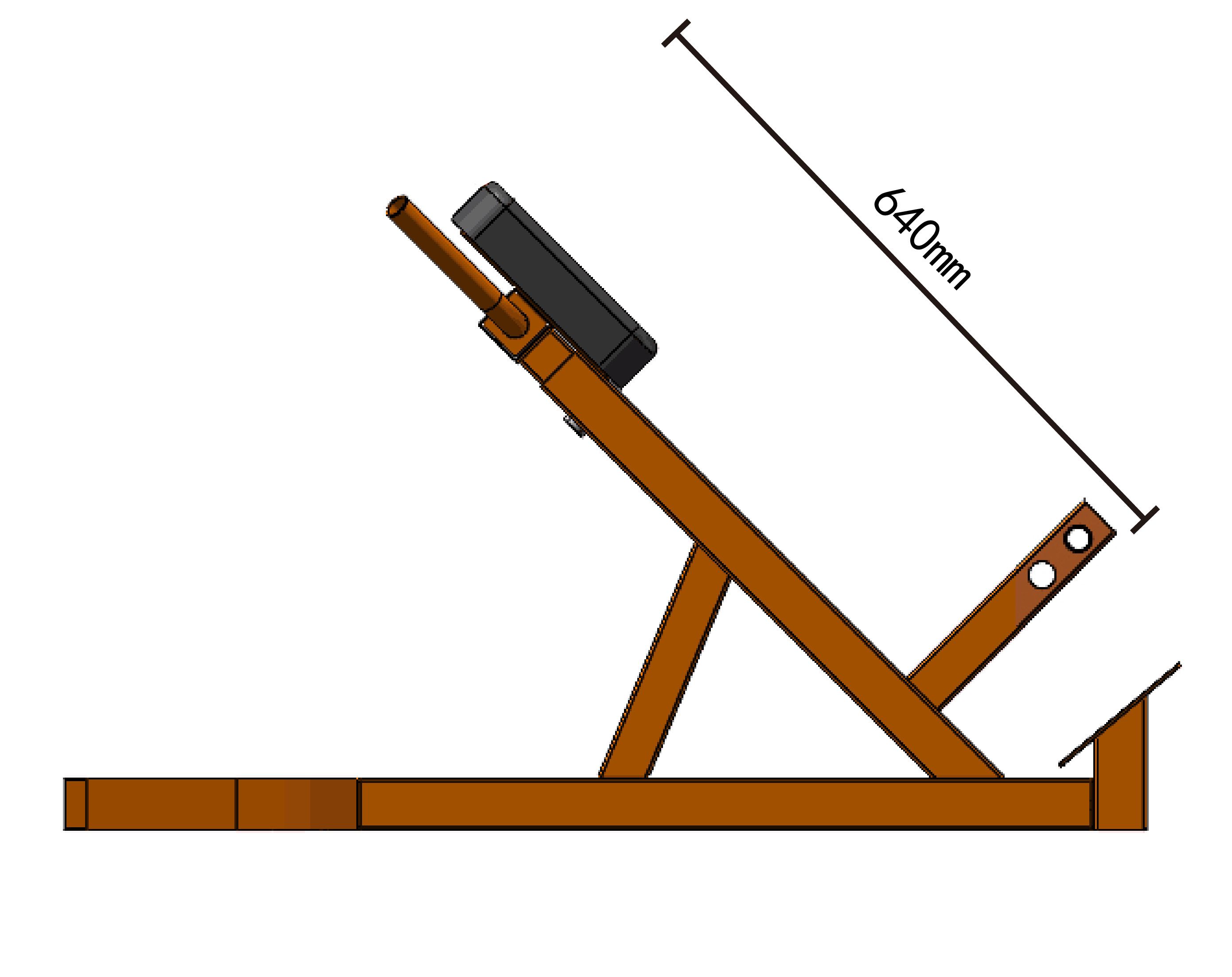 Hyperextensionsbank, braun. Seitenansicht mit Maßangabe 640mm. Gepolsterte Auflage und Fußstütze.