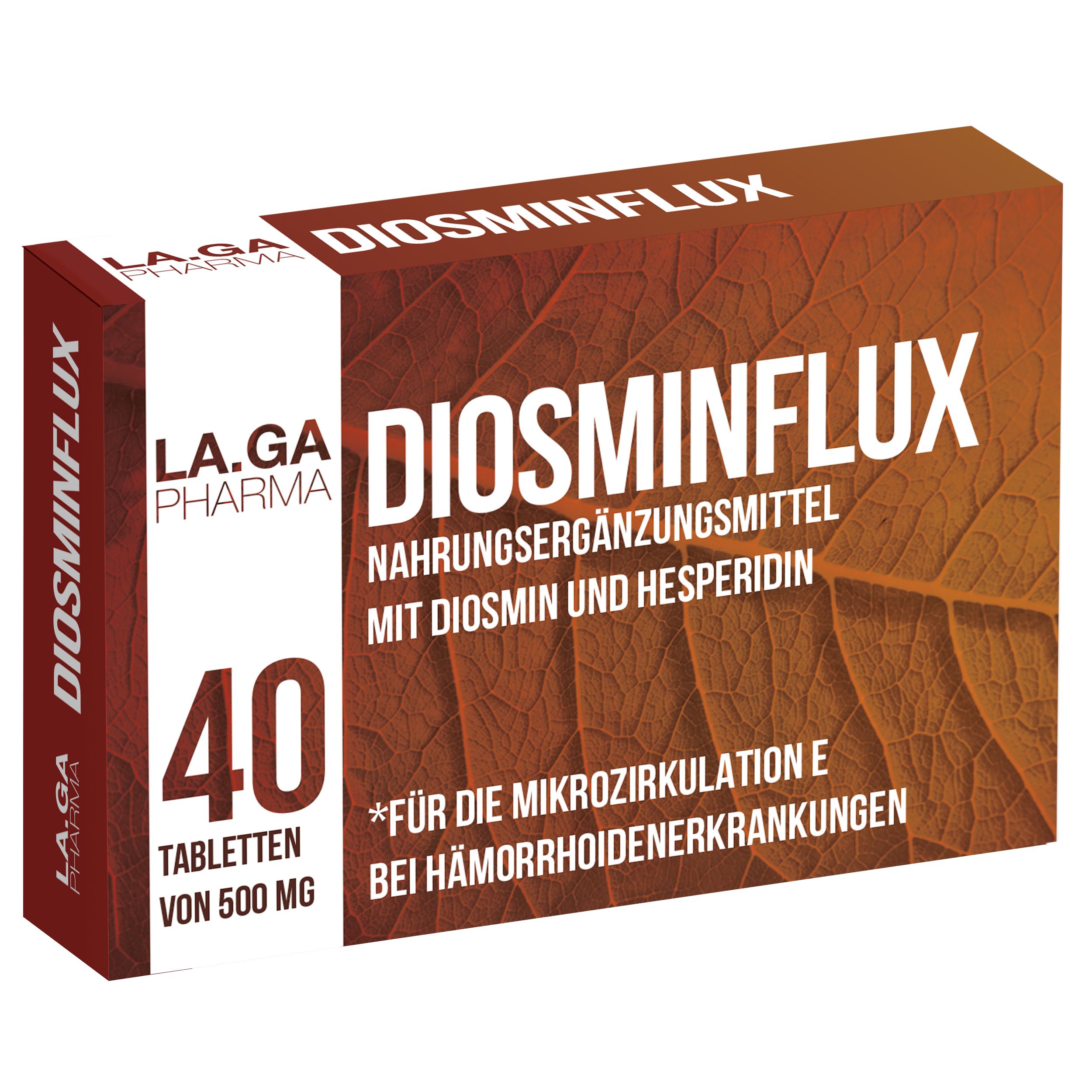 Karton von LA.GA Diosminflux. Enthält 40 Tabletten von 500mg. Aufschrift: Nahrungsergänzungsmittel mit Diosmin und Hesperidin.