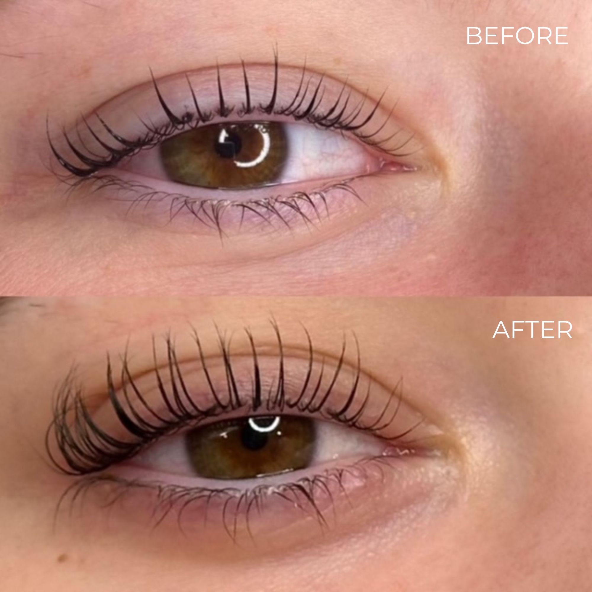 Vorher-Nachher-Vergleich. Augen mit längeren Wimpern. Oben: kurze Wimpern. Unten: längere, vollere Wimpern.