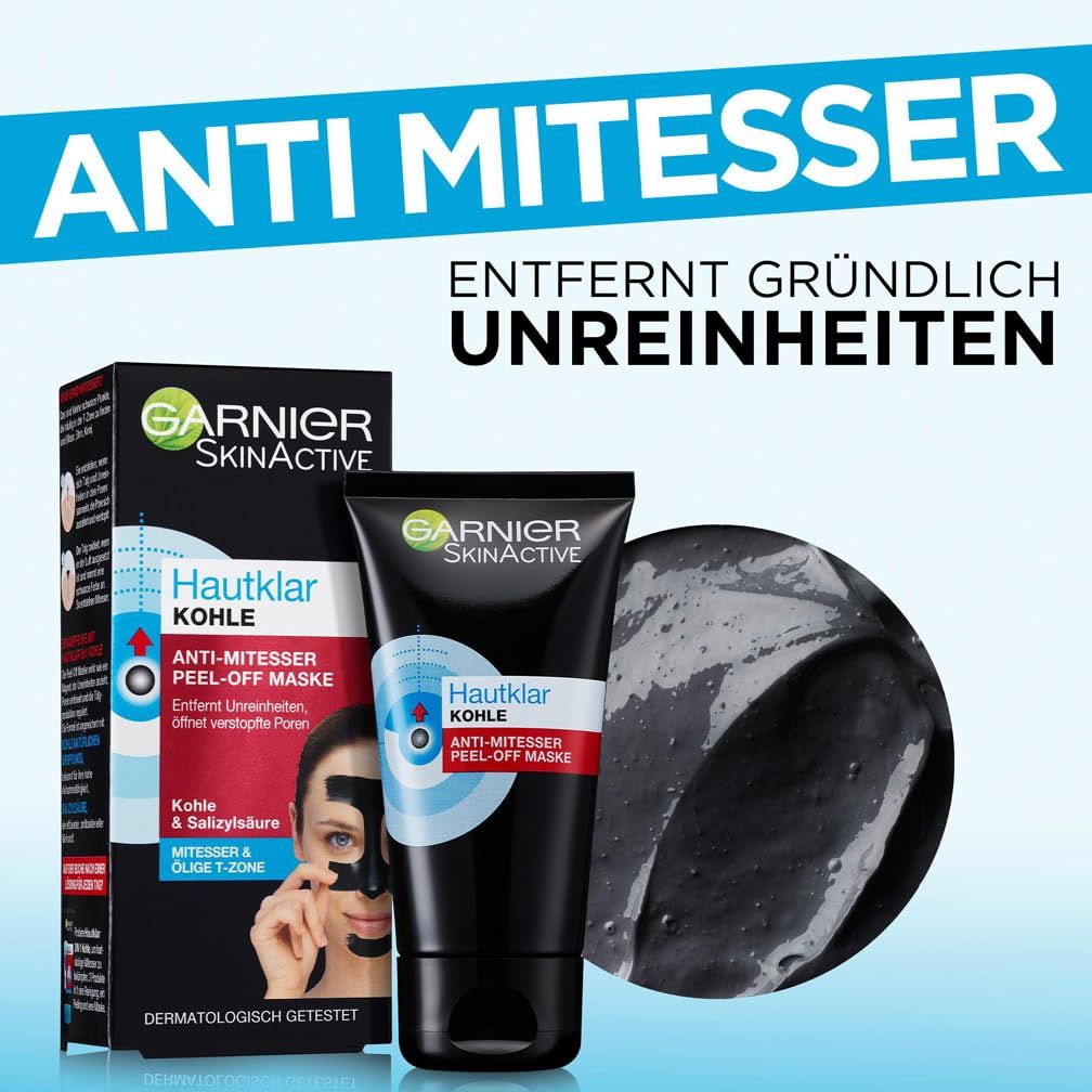 Garnier SkinActive Hautklar Kohle Peel-Off Maske mit Verpackung. Text: Anti-Mitesser.