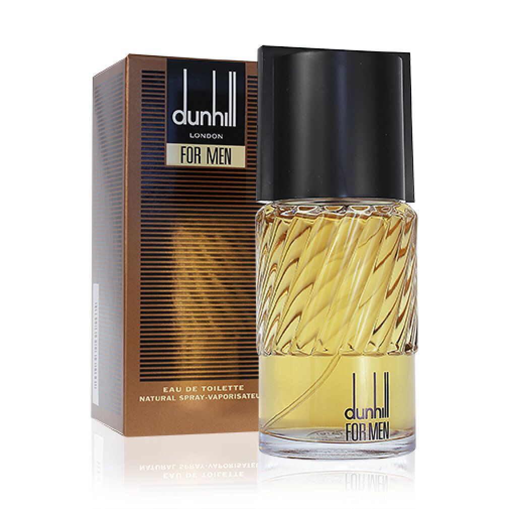 Eau de Toilette Spray für Herren, Flakon und Verpackung. Braune Verpackung mit Produktnamen. Schwarzer Deckel.