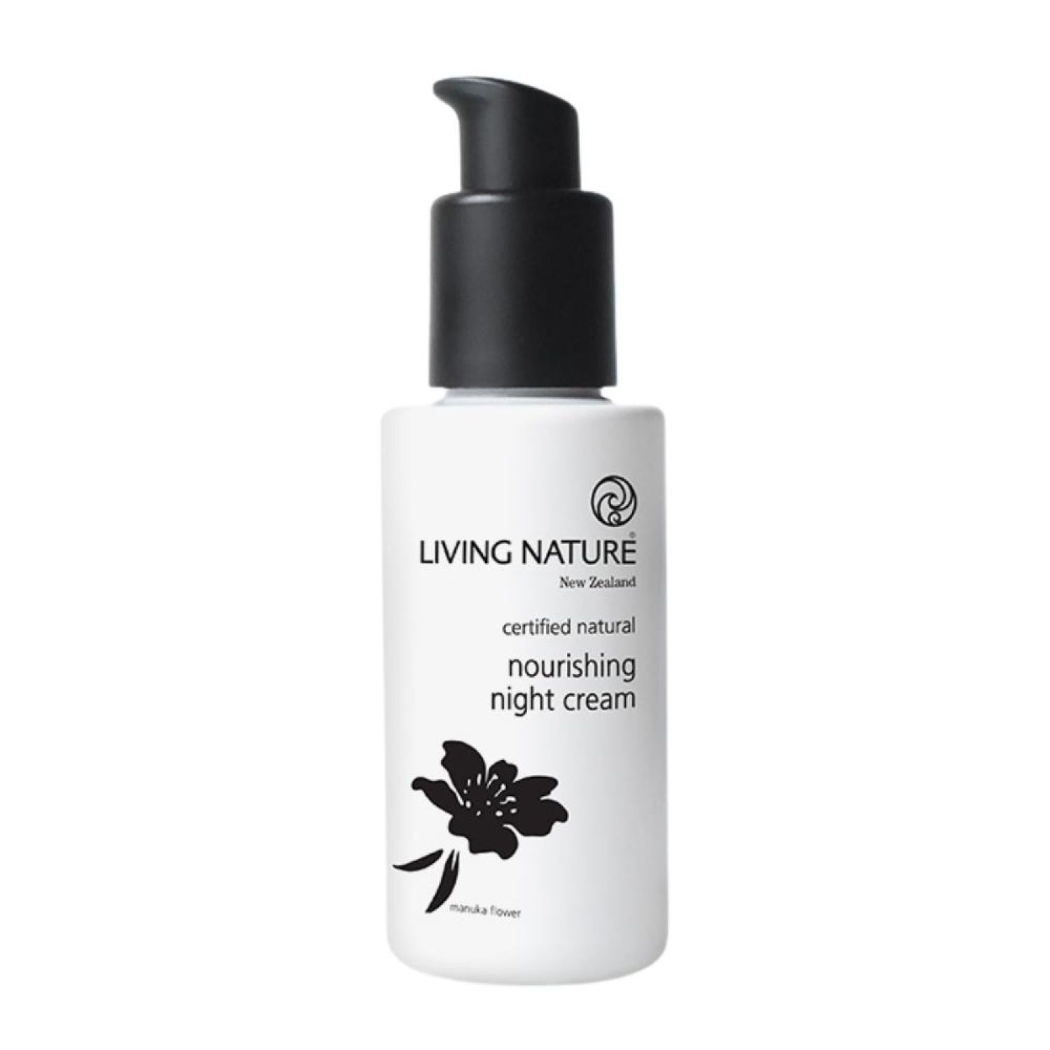 Weiße Flasche mit schwarzem Pumpkopf. Aufschrift: Living Nature, zertifiziert natürlich, Night Cream. Schwarze Blüte.