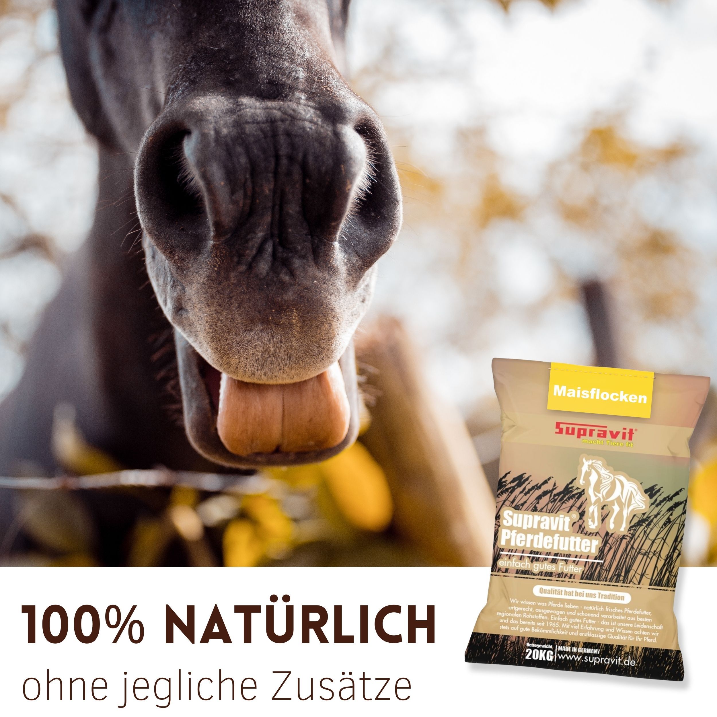 Nahaufnahme eines Pferdekopfes. Rechts: Futtersack mit Maisflocken, Marke Supravit. Text: 100% natürlich, ohne jegliche Zusätze.