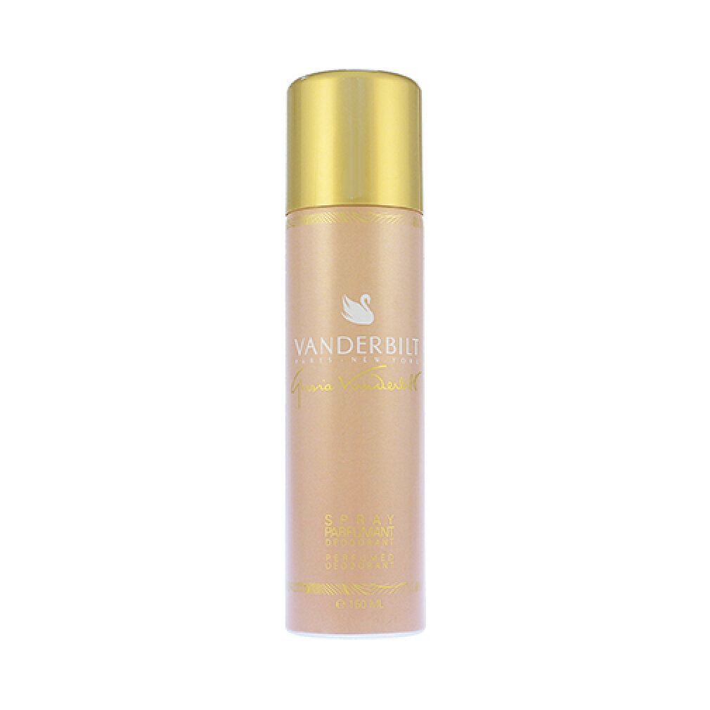 Beige Deodorant-Spray mit goldenem Deckel. Aufschrift: VANDERBILT, Eleganz und Frische.