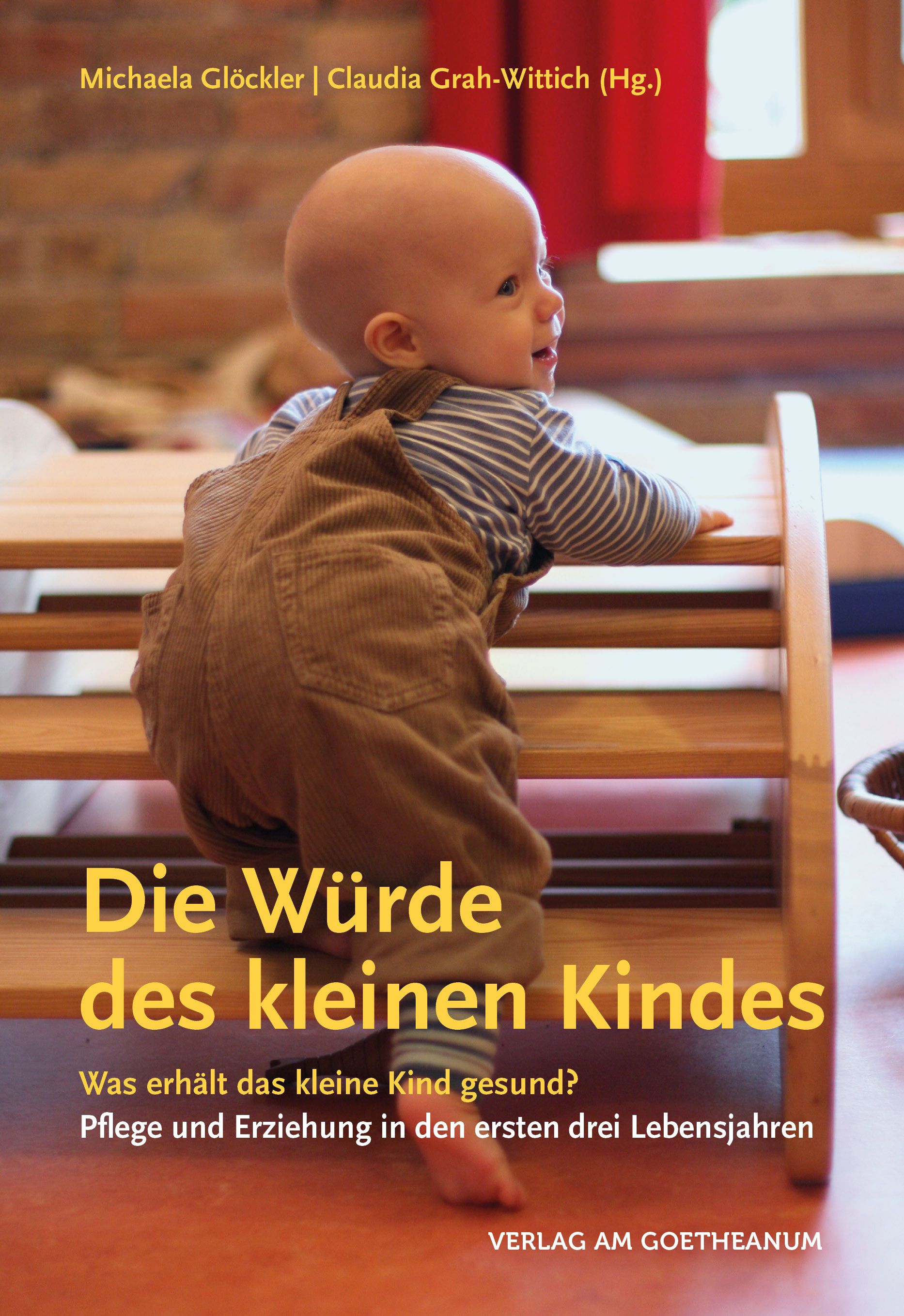 Buchcover: Titel "Die Würde des kleinen Kindes". Kleinkind klettert auf Holzleiter. Autorennamen oben. Verlag am Goetheanum.
