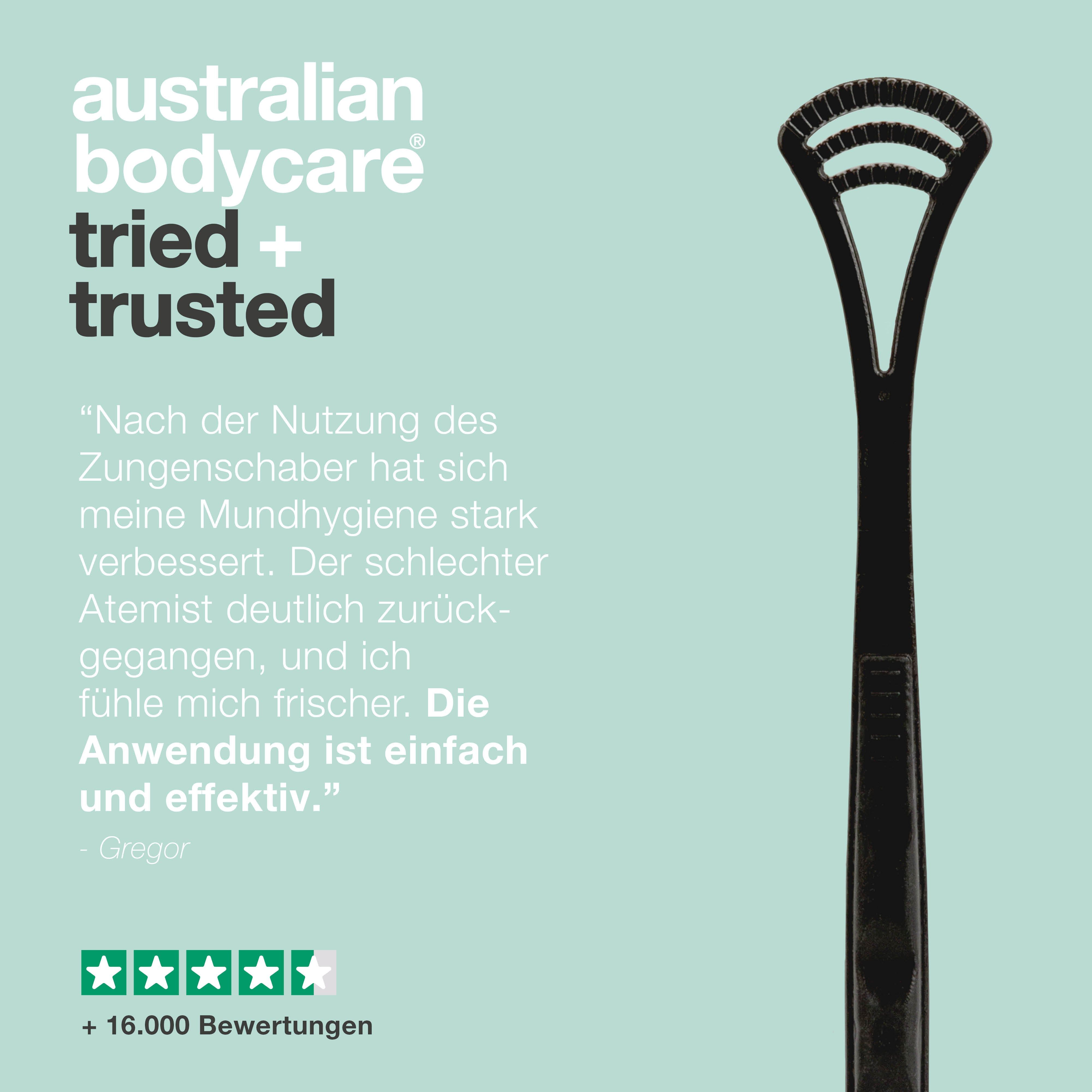 Schwarzer Zungenschaber. Text: Australian Bodycare, bewährt. Zitat: Mundhygiene verbessert.