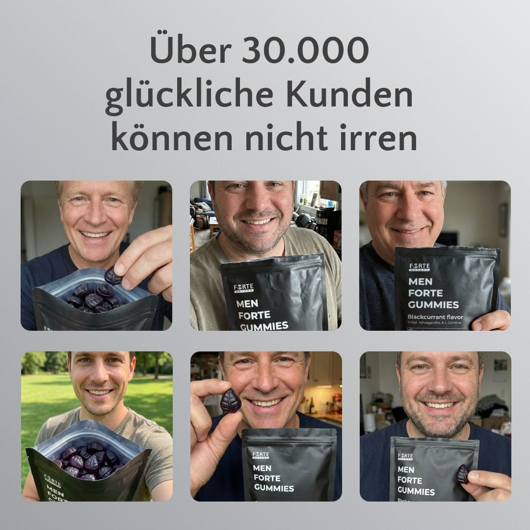 Sechs Männer lächeln und zeigen Forte Natura® Mann Forte Gummies.