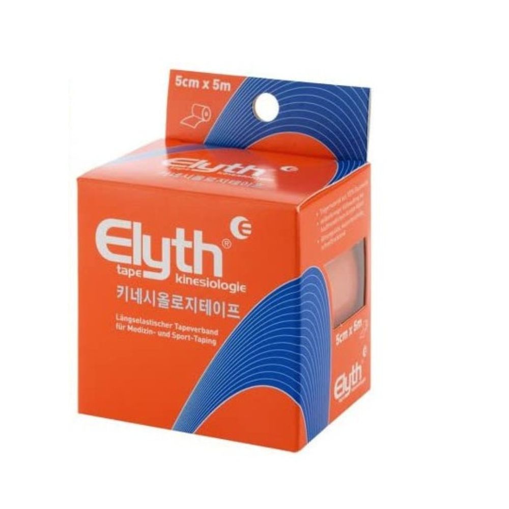Orangefarbene Verpackung mit blauen Wellen. Aufschrift "Elyth tape kinesiology". Maße: 5cm x 5m. Kinesiologie-Tape.