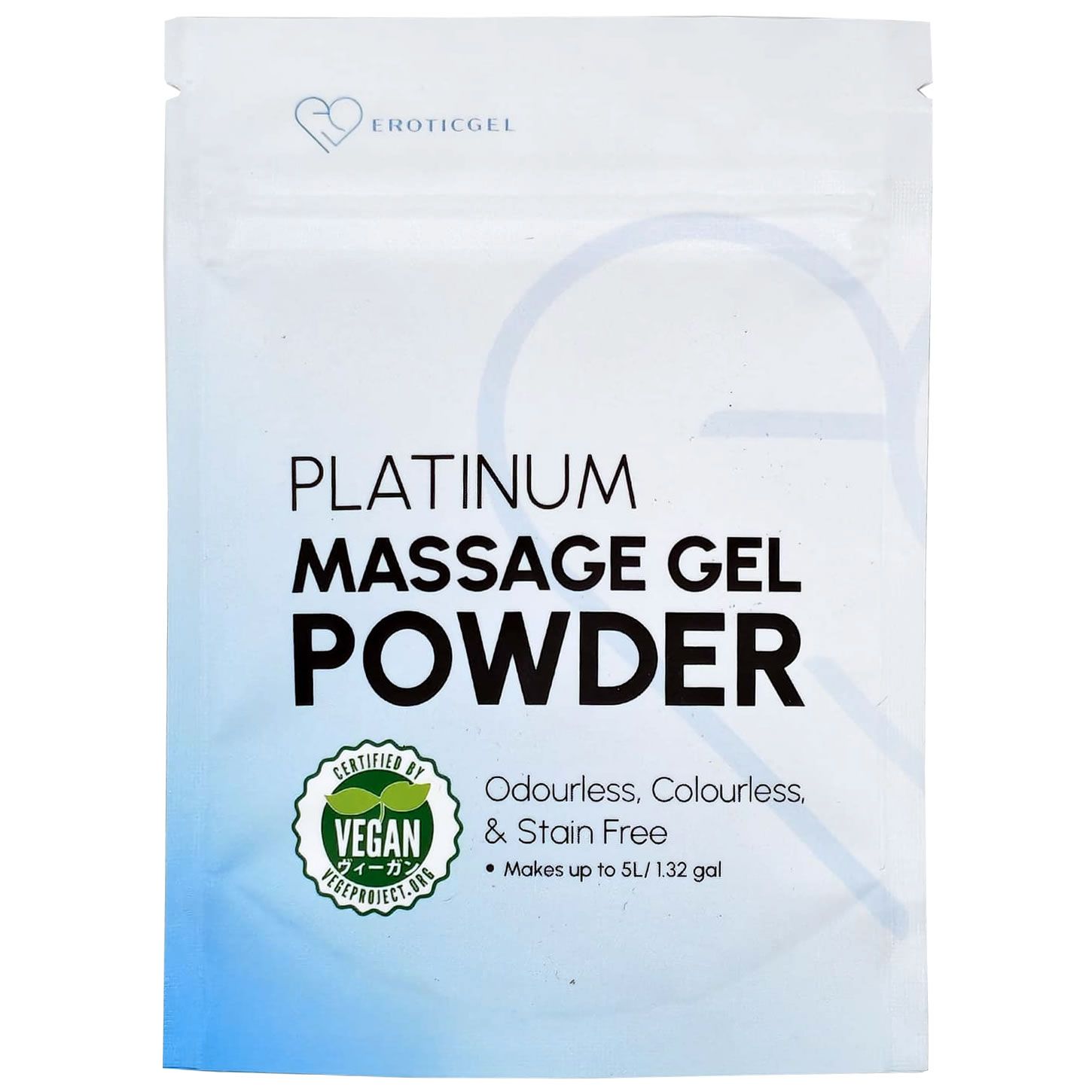 Weißer Beutel mit Aufschrift PLATINUM MASSAGE GEL POWDER. Logo: EROTICGEL. Vegan-Zertifizierung. Text: geruchsneutral, farblos, fleckenfrei.