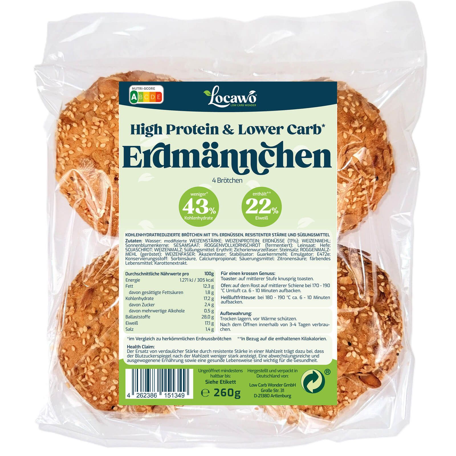 Locawo High Protein Low Carb Erdmännchen | Erdnussbrötchen 260 g