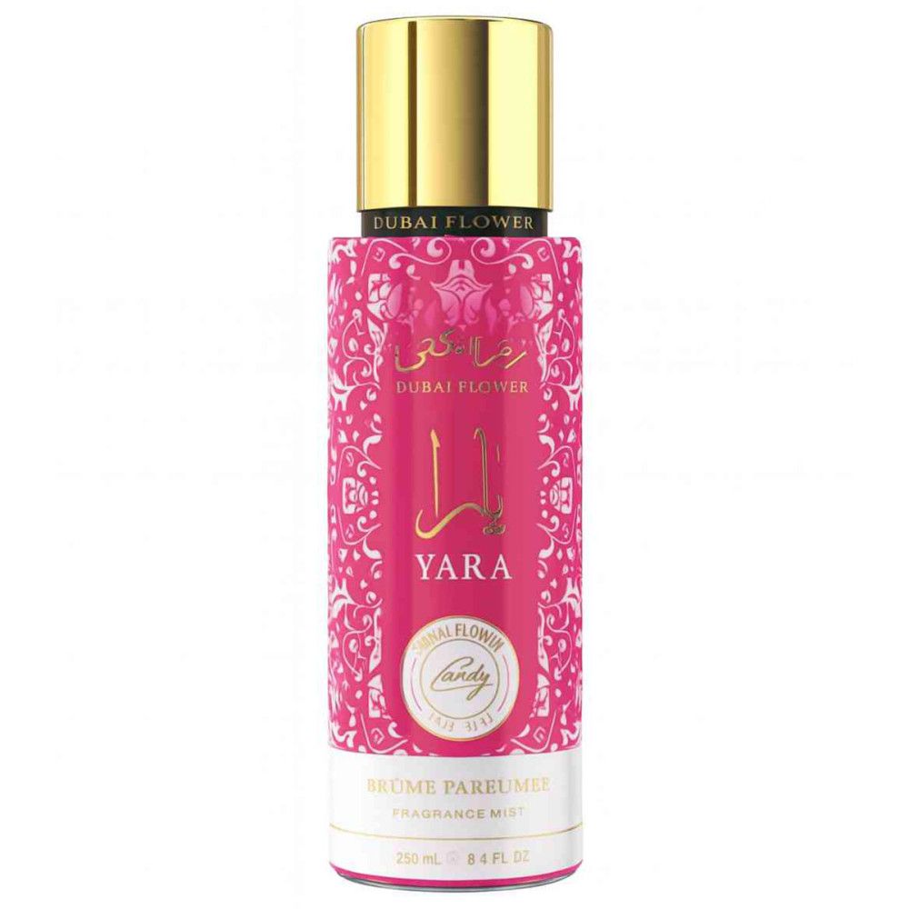Rosa Flasche mit goldener Kappe. Aufschrift: Dubai Flower, Yara, Candy. Muster auf der Flasche.