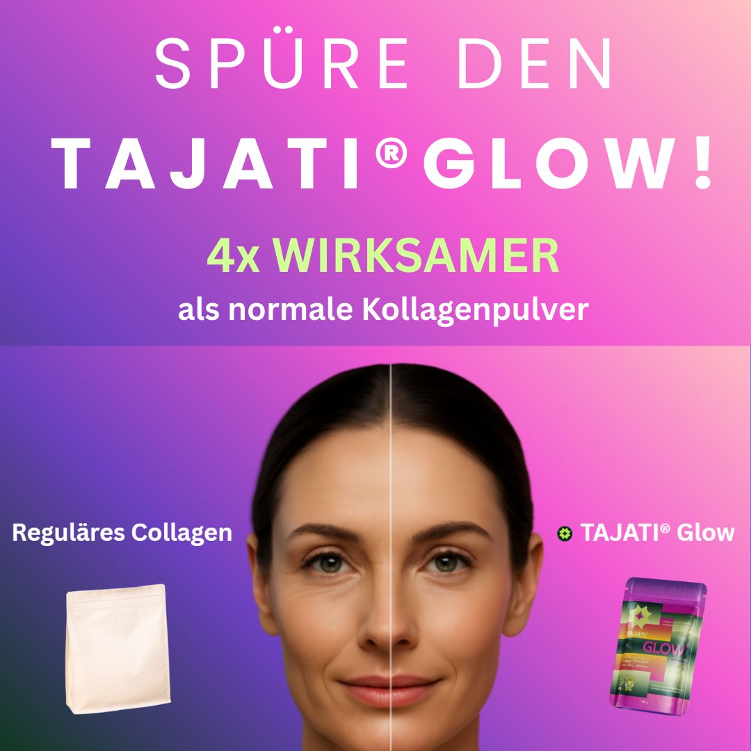 Frau mit geteiltem Gesicht. Links: reguläres Kollagen. Rechts: TAJATI® Glow-Beutel. 4x wirksamer.