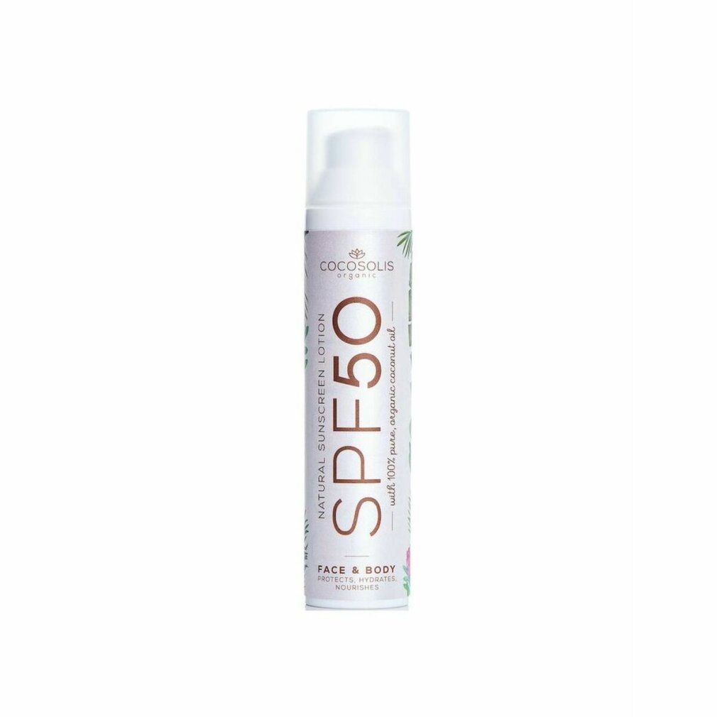 Sonnenmilch-Flasche mit SPF 50. Weißer Spender mit Aufschrift SPF 50, COCOSOLIS, Natural Sunscreen Lotion, Face & Body. Mit Kokosöl.