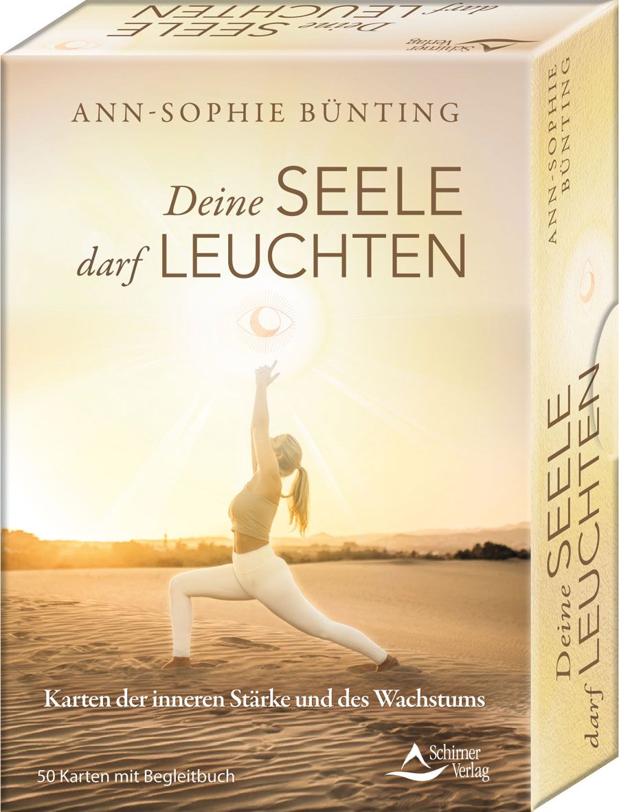 Kartenbox mit Titel "Deine Seele darf leuchten". Autorin: Ann-Sophie Bünting. Box zeigt Frau in Yoga-Pose in Wüstenlandschaft. 50 Karten mit Begleitbuch.